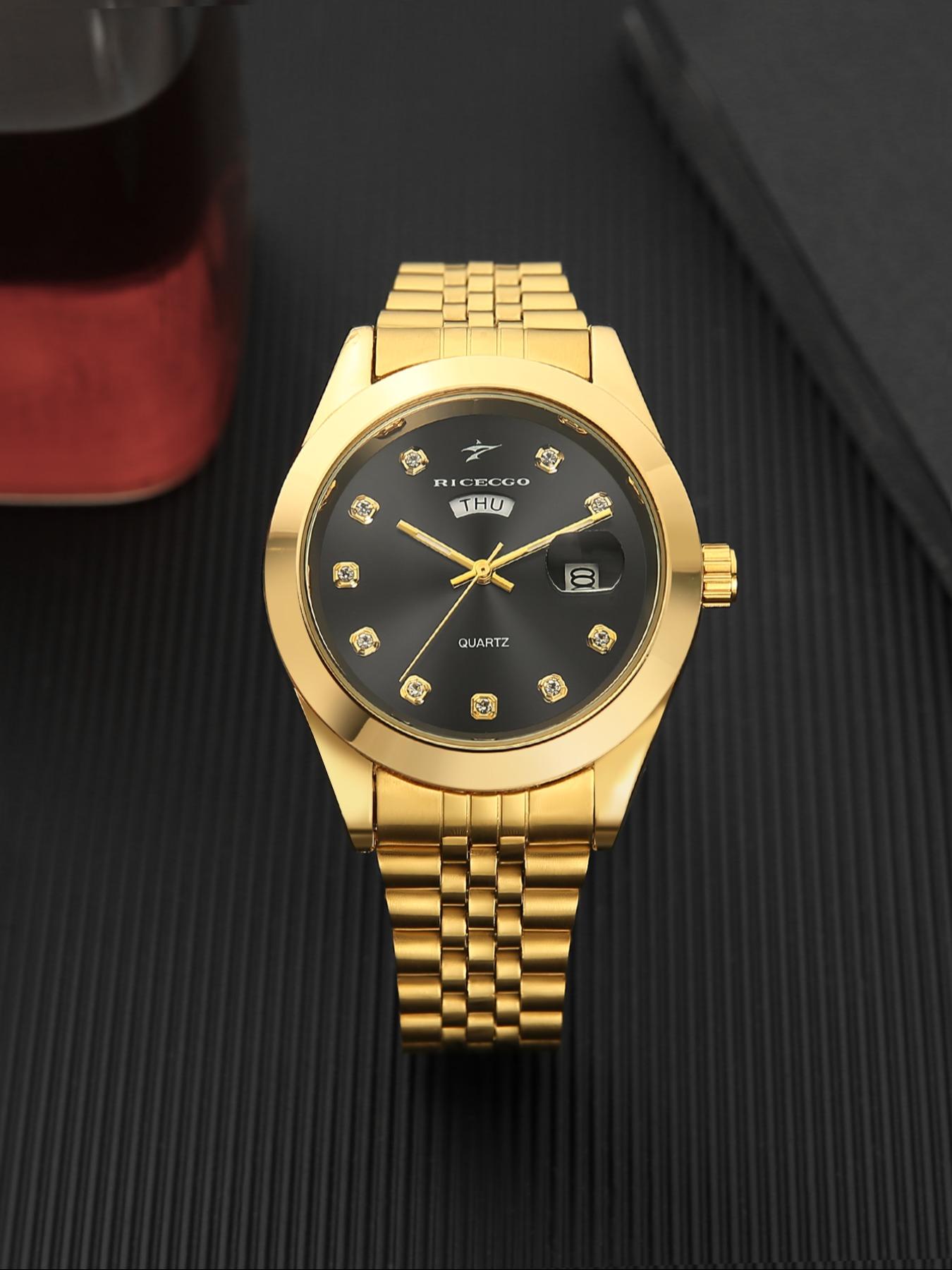 RICECGO Men's Quartz Watch Luxurious solid gold finish Elegant Round Dial Diamond-set hour markers sparkle with eye-catching brilliance Features day and date display Exudes prestige for business gifts Limited-time offer—act fast before it's gone
