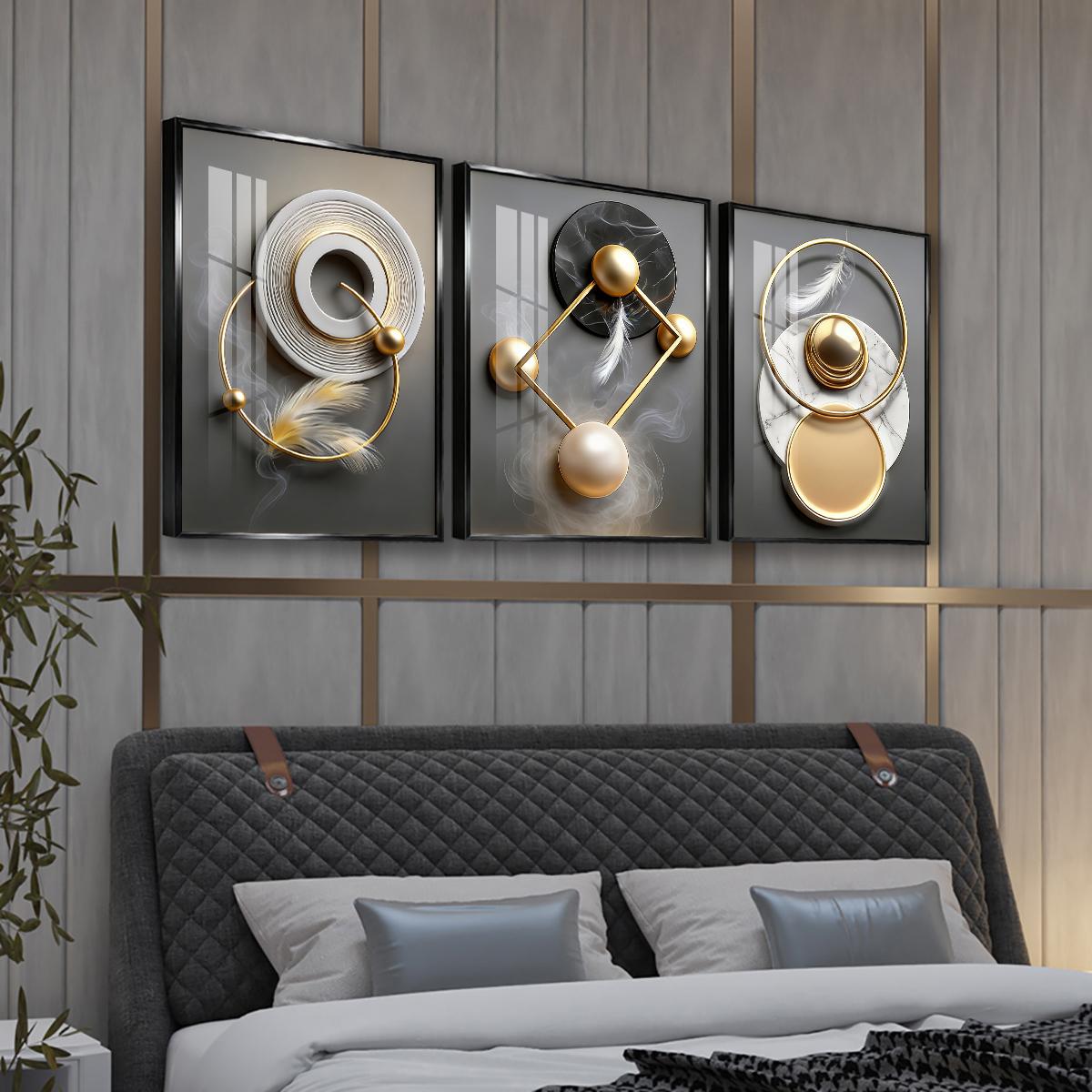 3 Counts Aluminum Alloy Framed Painting, Modern Abstract Geometric Gold And Feather Art Pictures, Home Decoration For Living Room, Bedroom, Office, Restaurant, Hallway Wall Decor, Odorless Print Artwork, Luxury Perfect Gift For Friends And Family