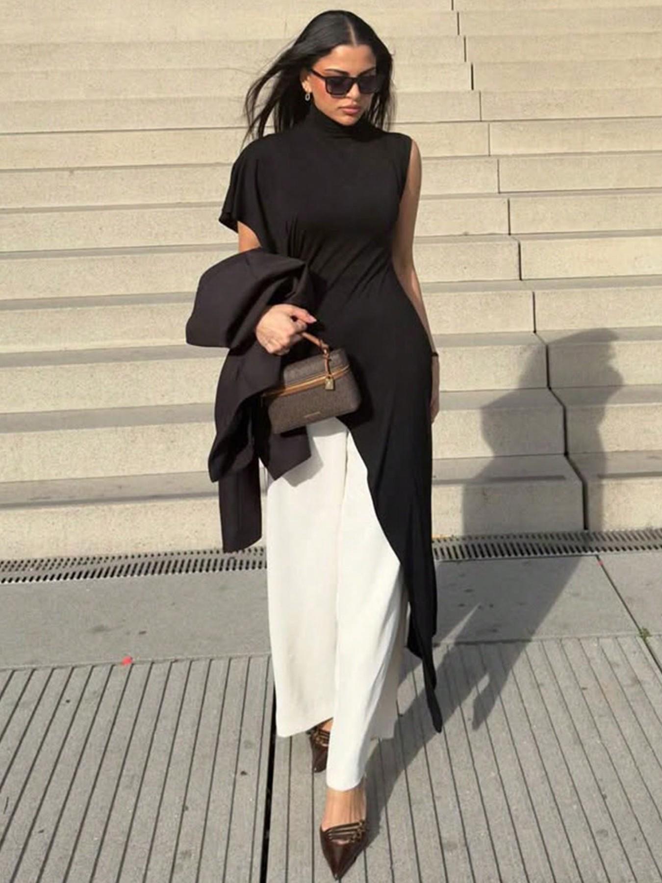 Women's Summer Minimalist High Street Half-Neck Asymmetric Sleeve Long Coat, Irregular High Split Hem, Comfortable Fabric, Versatile