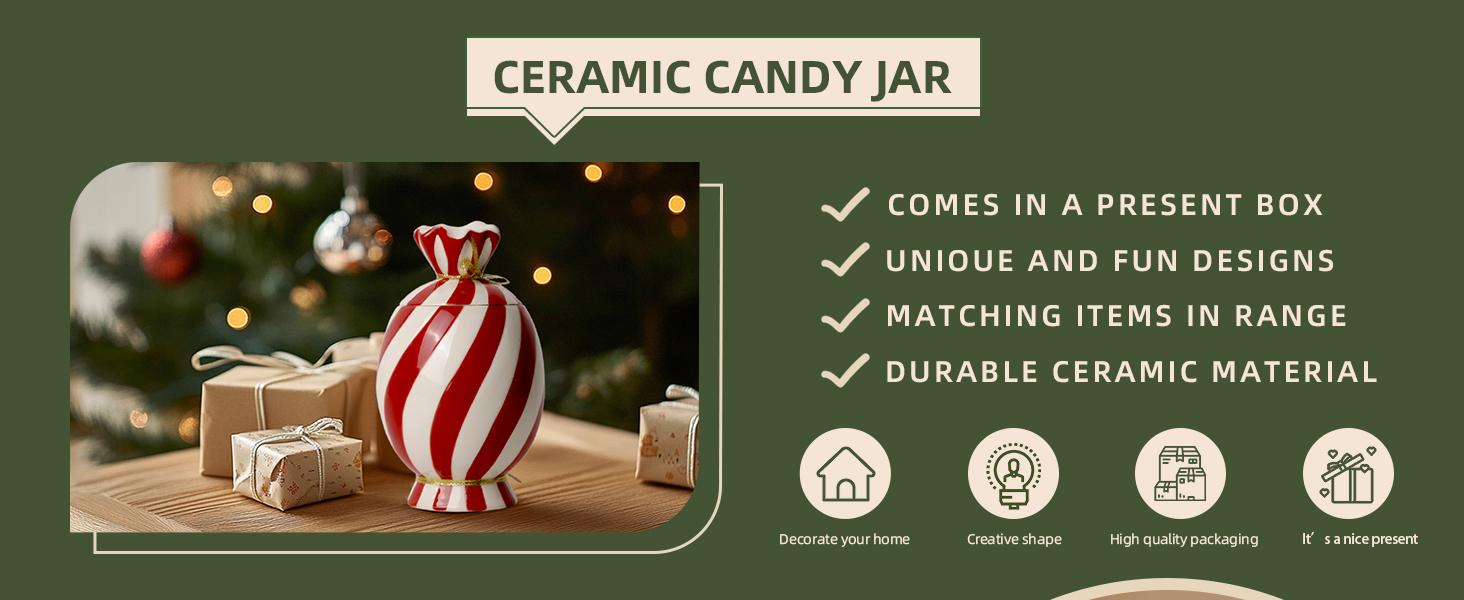 24.2 oz (700ml) Handmade Smooth Ceramic Christmas Canister Set, Candy-Design Lidded Containers for Food Storage, Kitchen & Home Supplies Organizer Gift for Coffee Grounds or Countertop Utensils