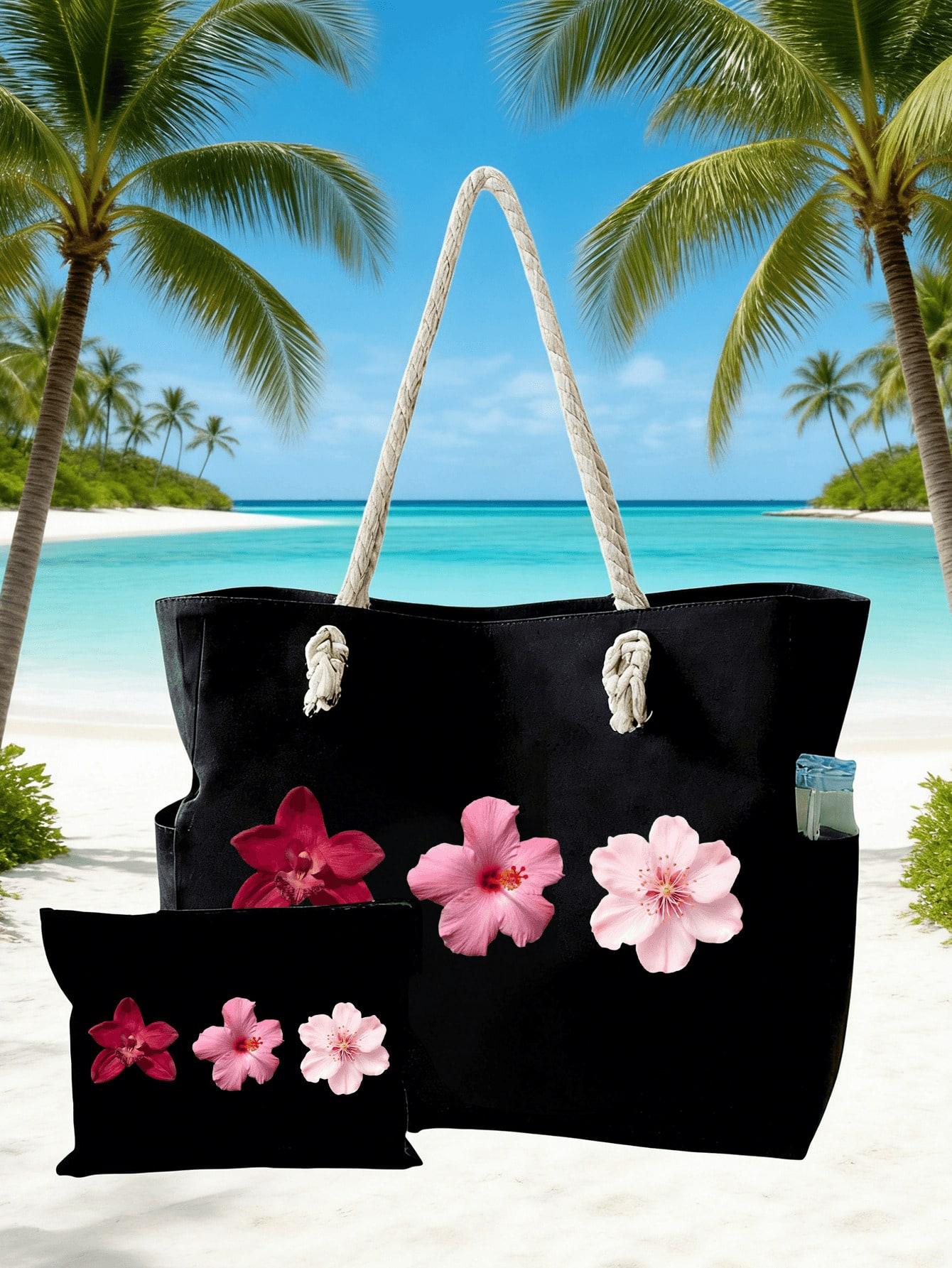 Sunflower, hibiscus, tropical flowers, egg flower handbag set - large capacity shoulder bag with side pockets and matching small storage bag, can be used as a travel handbag