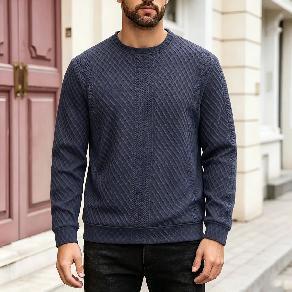 Men's diamond patterned jacquard round neck sweatshirt, with a three-dimensional diamond texture throughout the body, long sleeved closure cut, comfortable regular style pullover, pure color simple spring and autumn daily top.
