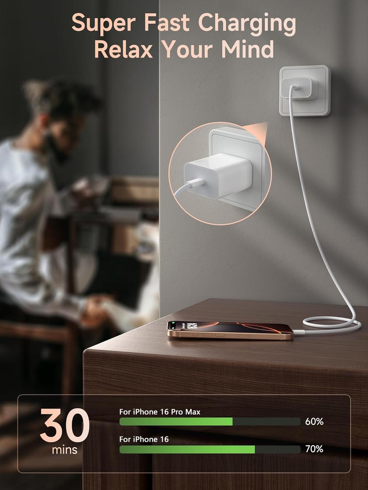 2-Pack 40W PD USB C Fast Charger with 6FT USB C to Type C Data Cable for iPhone 17/17 Air/16/15, AirPods, iPad, Super Fast Charging Adapter & Cable Set Cellphone Electronic Accessories