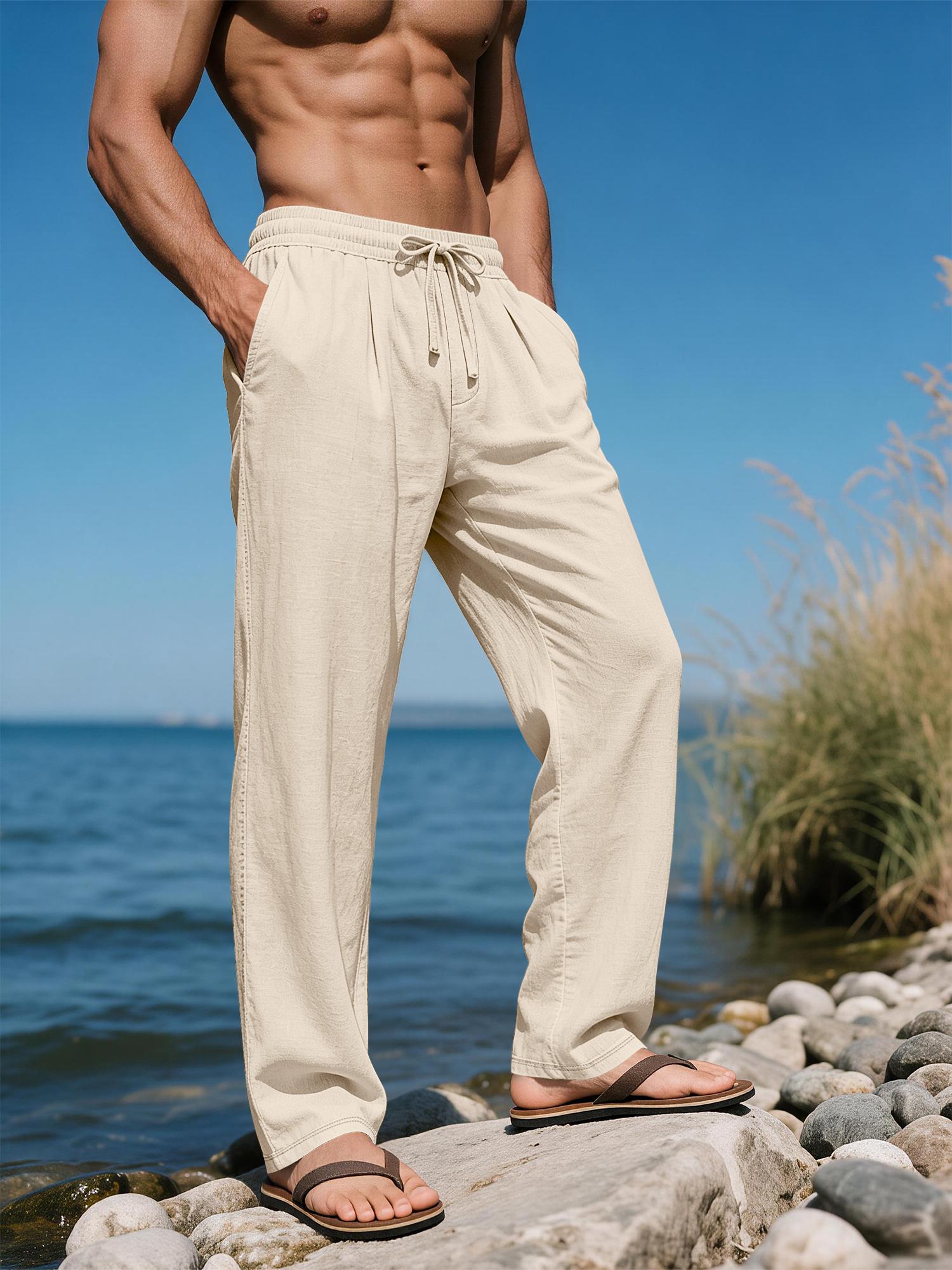 Men's Linen Long Plain Casual Drawstring Waist Trousers Pants, Breathable Tropical Summer Wear, Perfect for Beach, Travel and Commute, Fashionable Bottoms for Men, Casual Comfy Trousers