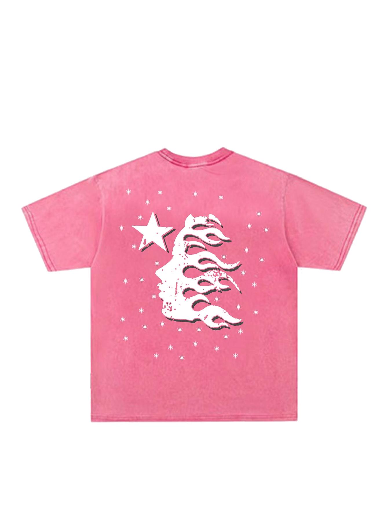 Men's American Vintage Streetwear T-Shirt, Washed Distressed Tie-Dye, Flame, Letters & Stars Print, Summer Casual Round‑Neck Short-Sleeve Tee