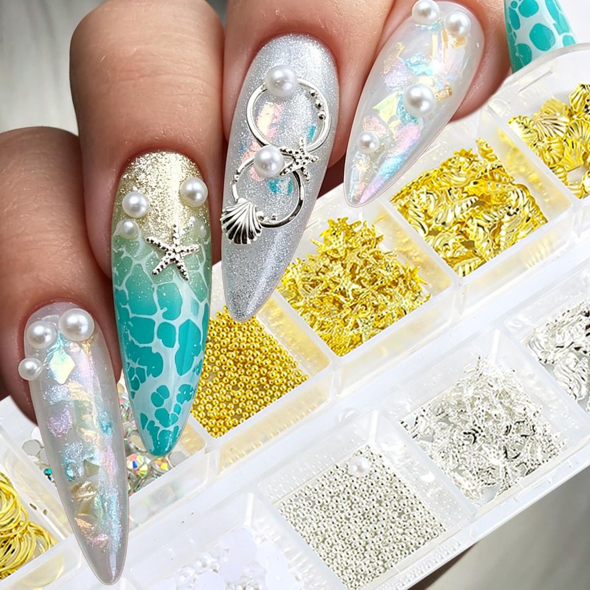 Summer Beach Style Nail Art Accessories, 3D Metal Rivets, Starfish, Shell, Seashell Shapes, Pearl, Caviar Beads, DIY Nail Decoration