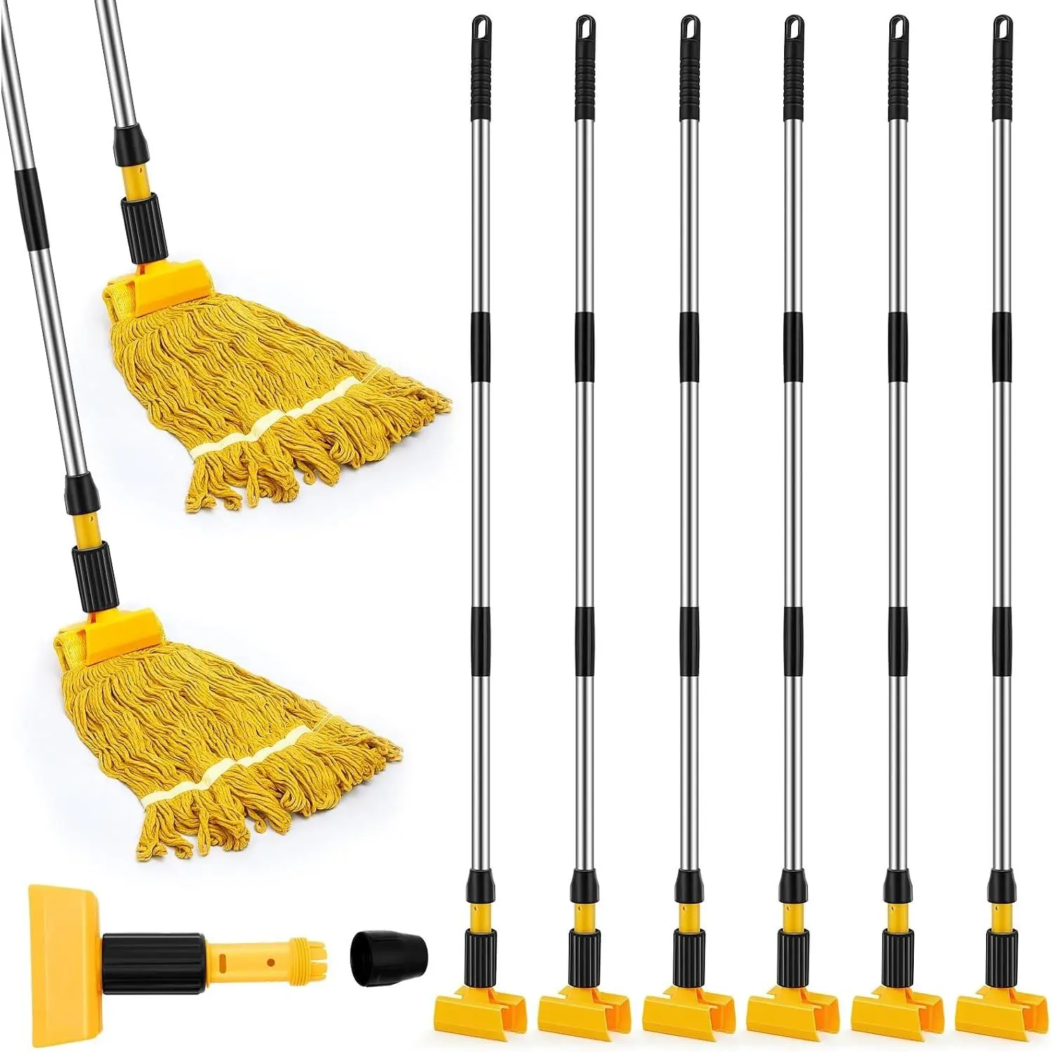 6 Pack Stainless Steel Commercial Mop Handle for Floor Cleaning, 3 Section Replaceable Mop Stick with Jaw Clamp, Heavy Duty 55 Inch Replacement Pole for Home Garage Office