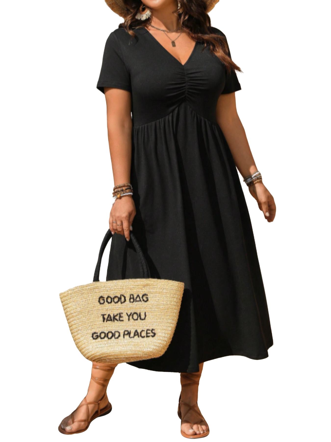 Plus Size V-Neck Ruched Fitted Bra Top Short Sleeve Midi Dress, Casual Summer Flowy A-Line Skirt, Women's Fashion Clothing