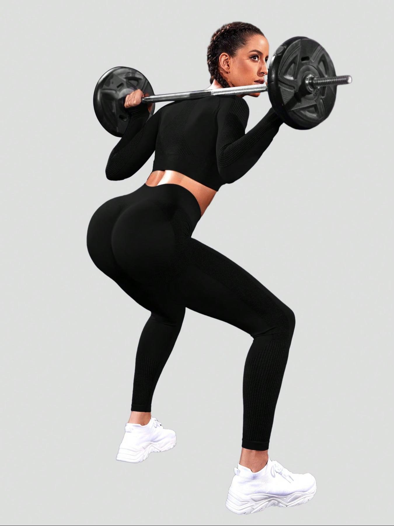 Two-piece Set Sporty Women's Plain Round Neck Crop Top & Ruched High Waist Leggings Tracksuit Set, Comfy Breathable Two-piece Outfits for Yoga Gym Running, Ladies Sportswear for All Seasons, Activewear, Athletic Wear, Gym Clothes Workout