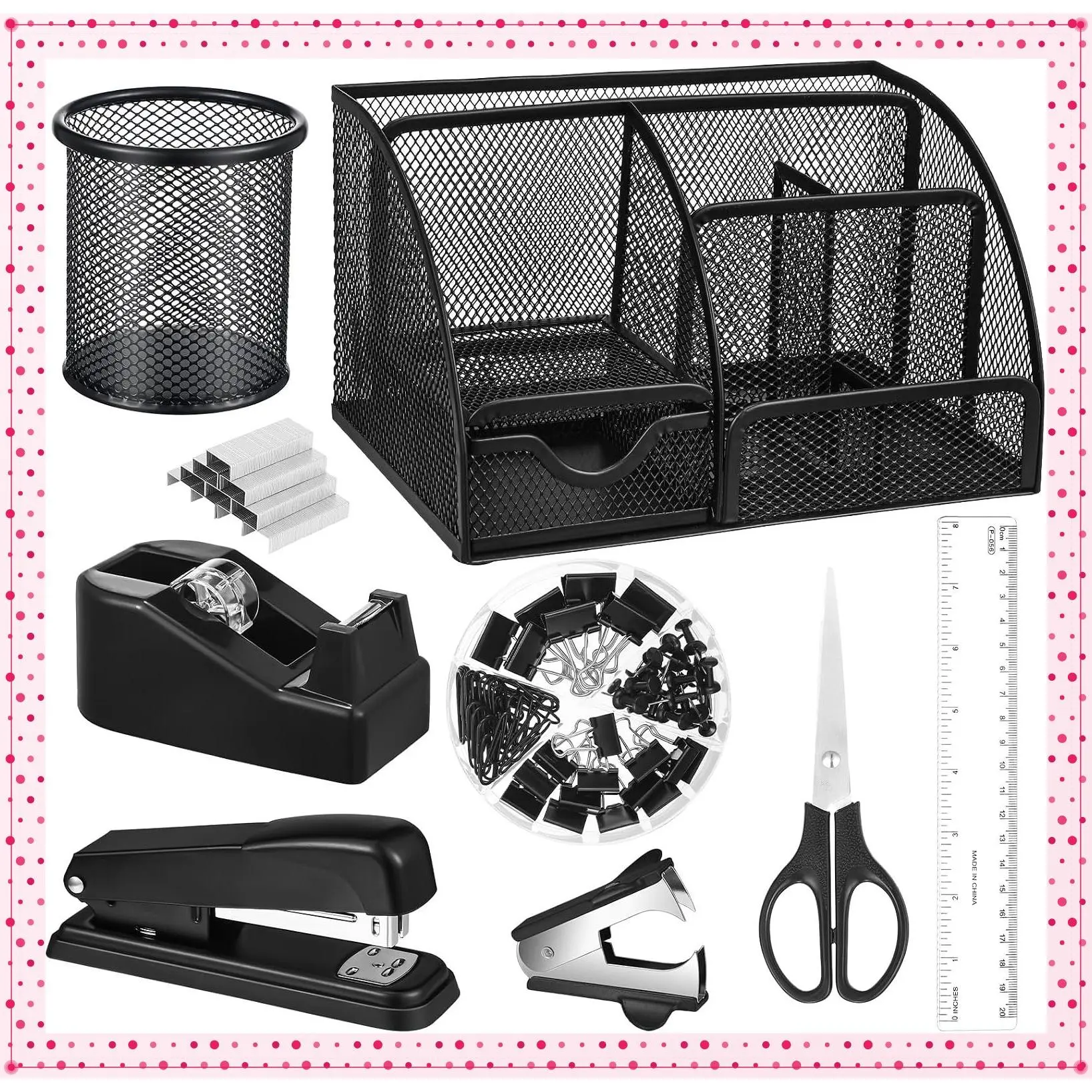 Black Desk Organizer Office Supply Kit with Mesh Desktop Organizer, Stapler, 1000 Staples, Tape Dispenser, Pen Holder, Staple Remover, Clips, Ruler, and ScissorsGift
