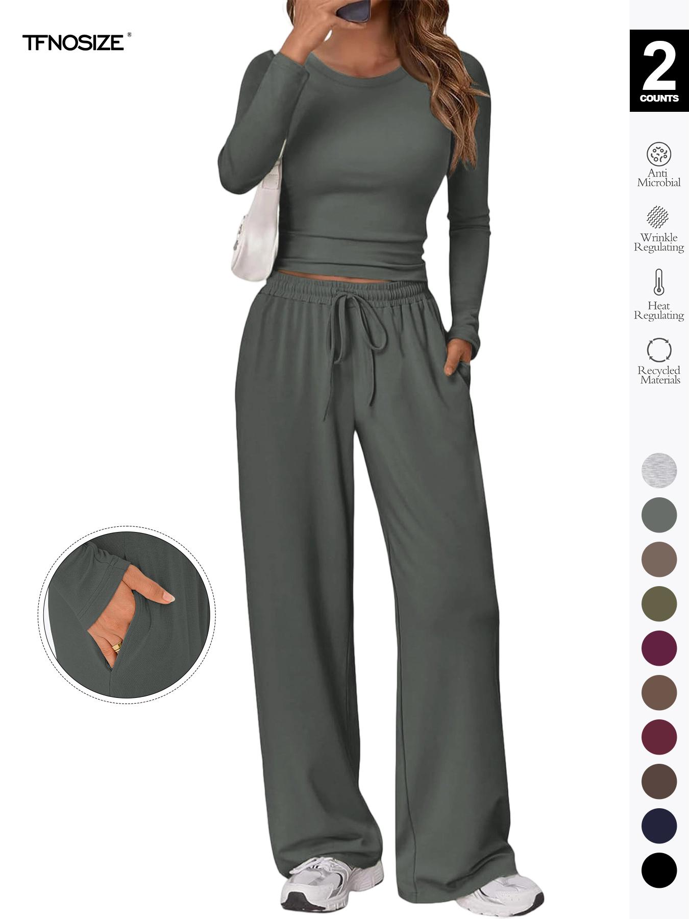 Women's 2-Piece Matching Lounge Set, Long Sleeve Slightly Cropped Top & Wide Leg Pants, Casual Sweatsuit for Fall & Winter
