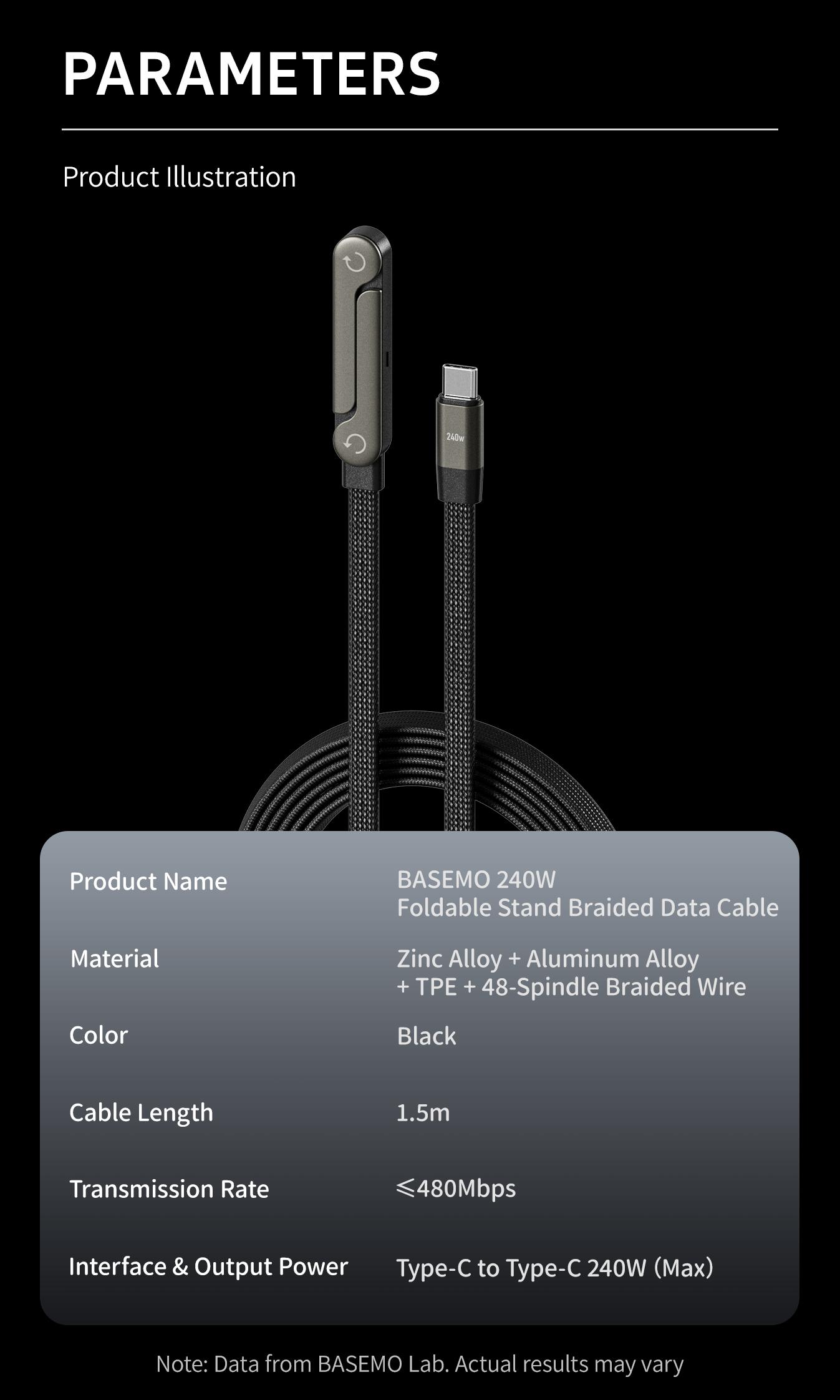 Fully Compatible Full Function Data Line, Adjustable Phone Stand Charging Cable, 240w Flexible Flat Cord for Various Devices