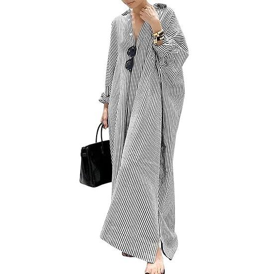 UTCOCO Women's Striped Long-Sleeved Cotton Garment, Breathable Lightweight Casual Loose Maxi Button Shirt Dress for Lady Teachers, Dressy Spring & Autumn Outfit