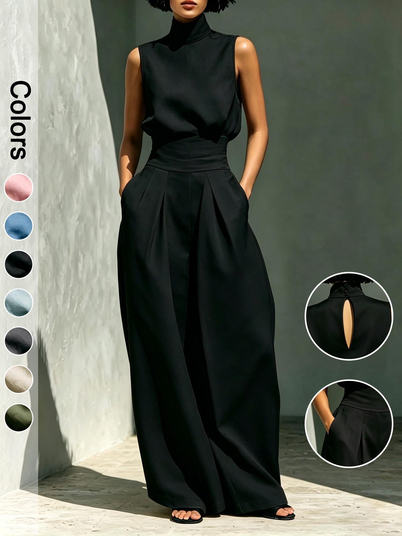 Women's Two-Piece Set, Clothes, High Waisted Sets, High Neck Sleeveless Top and High Waist Long Pants, Elegant Formal Office Wear Outfit