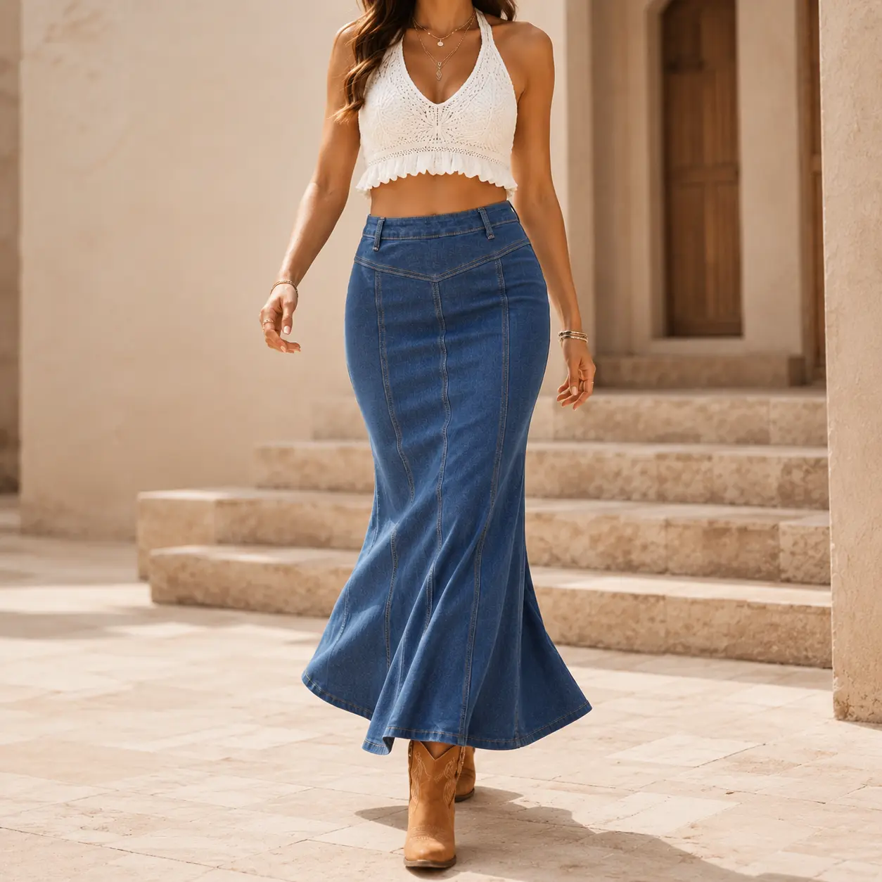 Women's High Waisted Denim Mermaid Skirt Long Blue Jean Skirt with Flared Fishtail Hem Western Cowgirl Vintage Panel Seam Maxi Skirt for Women