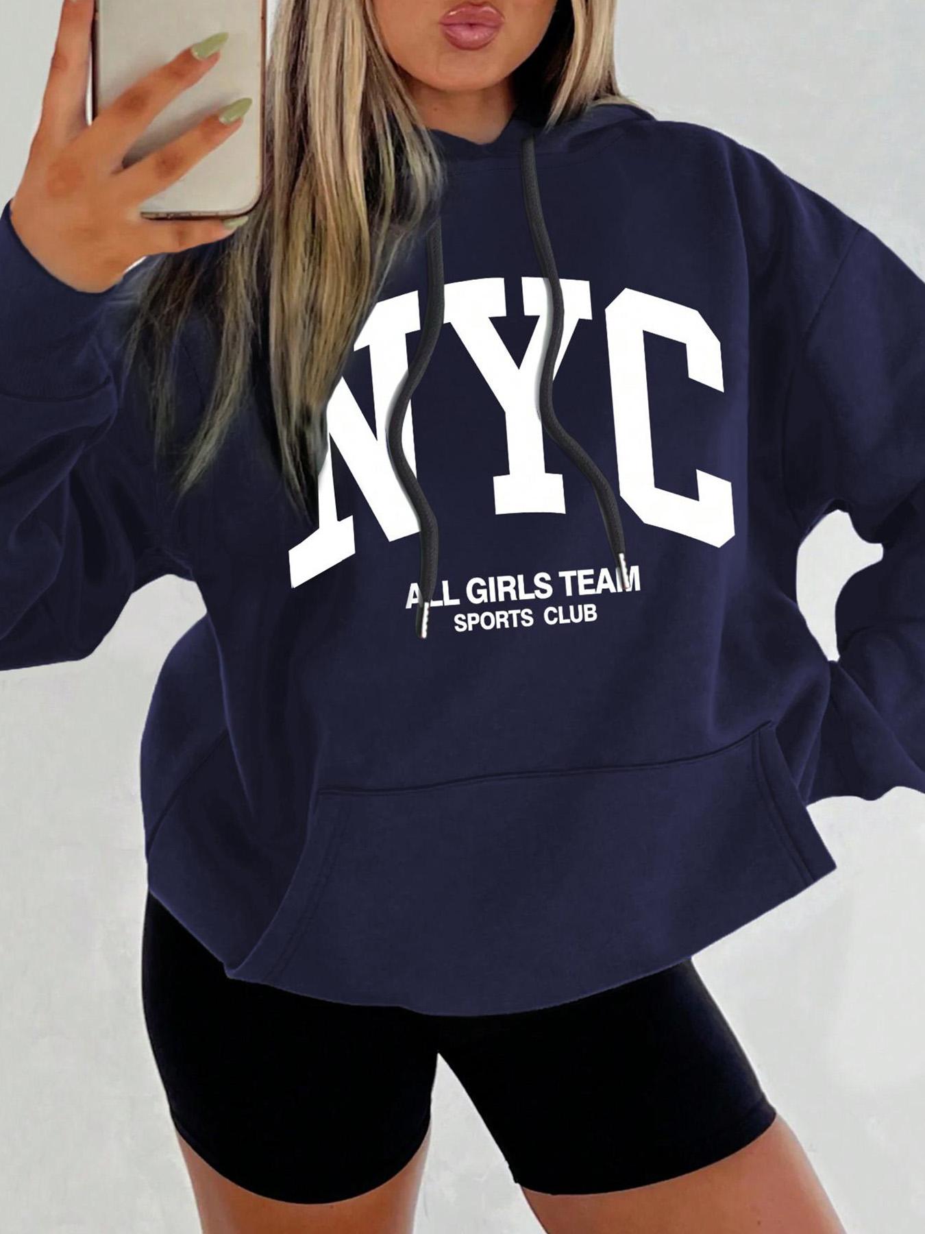 Women's Letter Print Drop Shoulder Hoodie, Fashion Casual Drawstring Pocket Hooded Sweatshirt for Daily Holiday Outdoor Wear, Women Clothing for Fall & Winter