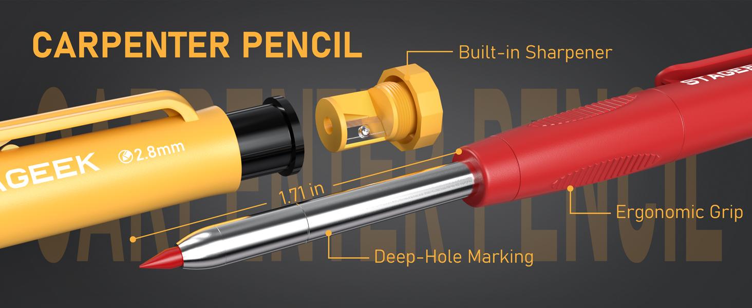 STAGEEK 4 Pack Carpenter Pencil with Sharpener, Mechanical Carpenter Pencils with 52 Refills, Construction Pencil Heavy Duty Woodworking Pencils for Architect (Red, Black, Yellow, Blue)
