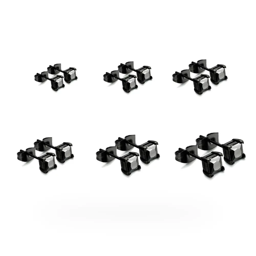 Unisex 20G 316L Stainless Steel Square Black Cubic Zircon Ear Studs - 6 Pairs, 3mm-8mm Multi Sizes, Hypoallergenic Durable Non-Irritating Piercing Earrings for Men Women Daily Dating Jewelry