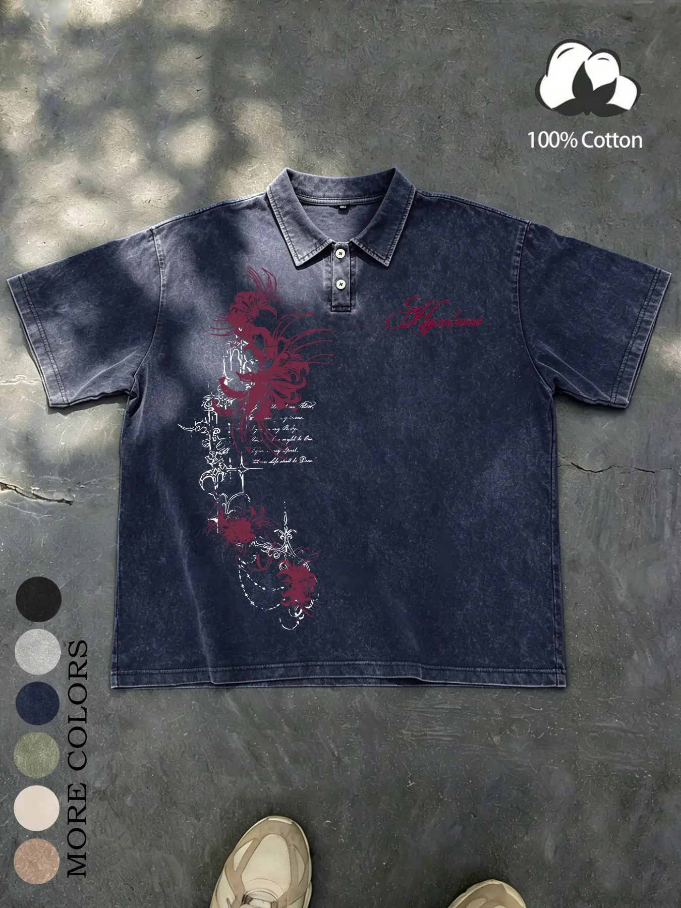Unisex Dark Gothic High Street Casual Relaxed Fit 100% Cotton Washed Vintage Floral & Spider Print Oversized Top Polo T-Shirt, Y2K American Retro Streetwear