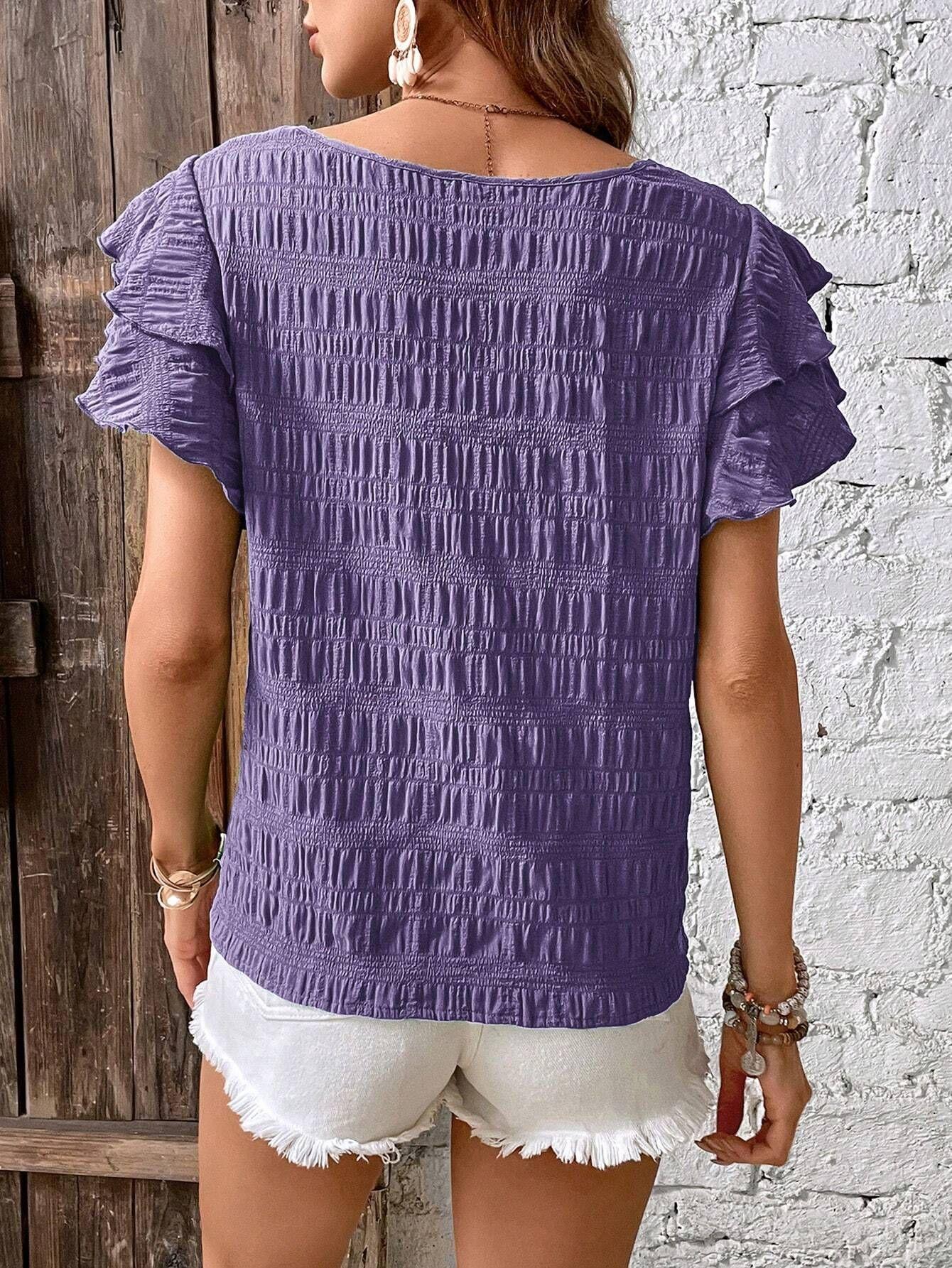 A women's solid color double-layer ruffled sleeve round neck elegant Casual pullover T-shirt Top, suitable for summer, daily commuting, and home wear, Womenswear