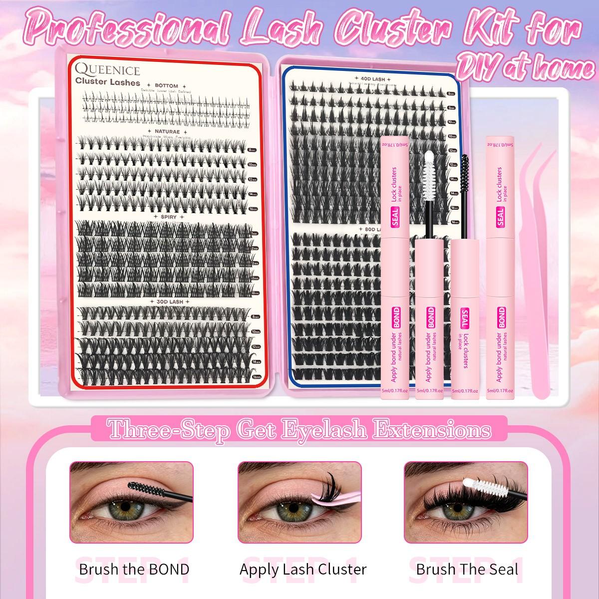 6 Styles Mixed DIY False Eyelash Extension Kit, Bottom Natural, Thick Spikes Lash Clusters with Bond and Seal, Tweezers Mixed Lengths Individual Cluster Lashes for Daily Use, Cat Eye Lashes, Reusable & Beginner Friendly, Beginner Friendly Eyelashes