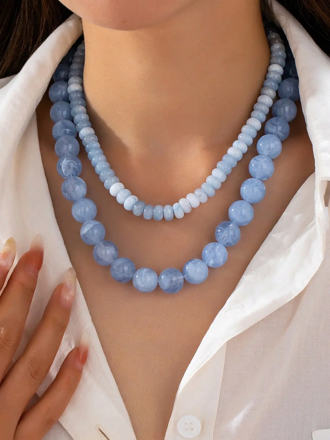 2 Pcs Women Blue Aquamarine Semi Precious Stone Beaded Necklace, Round Natural Gemstone Choker Necklaces Boho Jewelry Gift