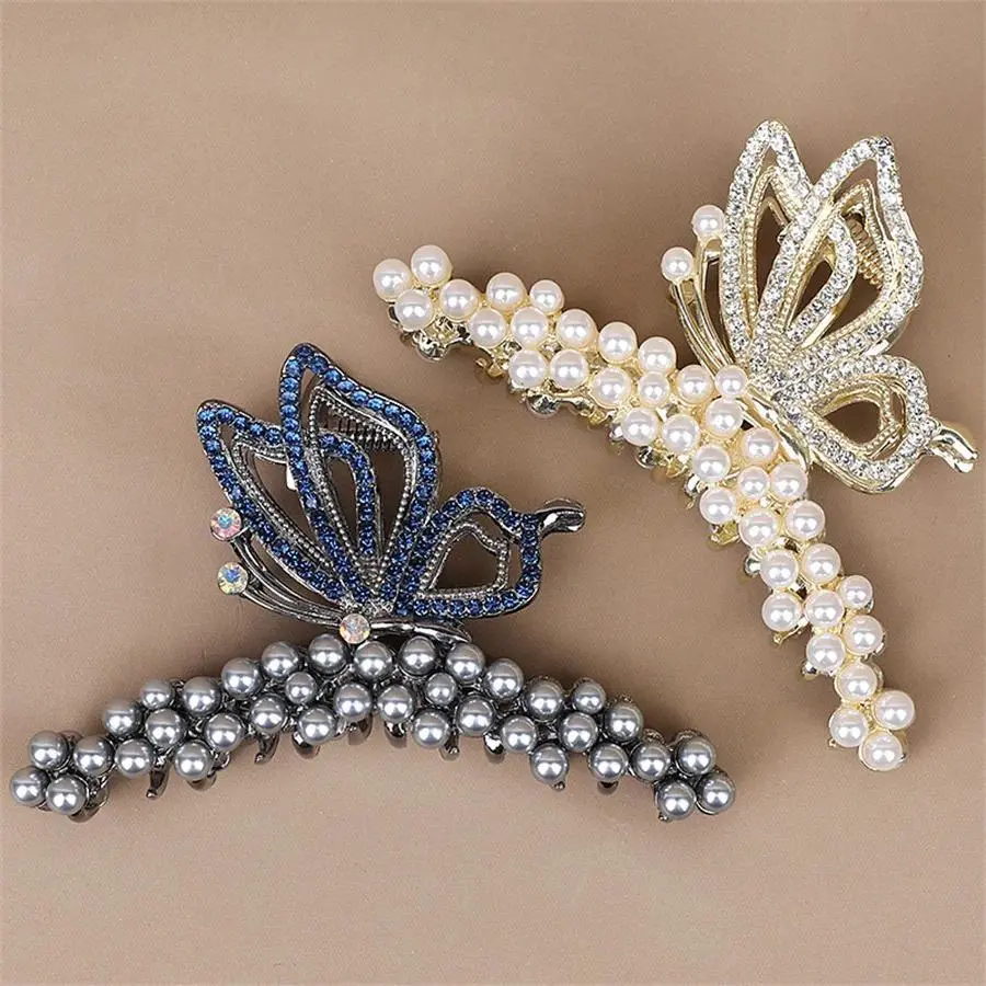 Fashionable pearl crystal butterfly clip women's high-end personalized shark clip large-size hair volume and hair accessories