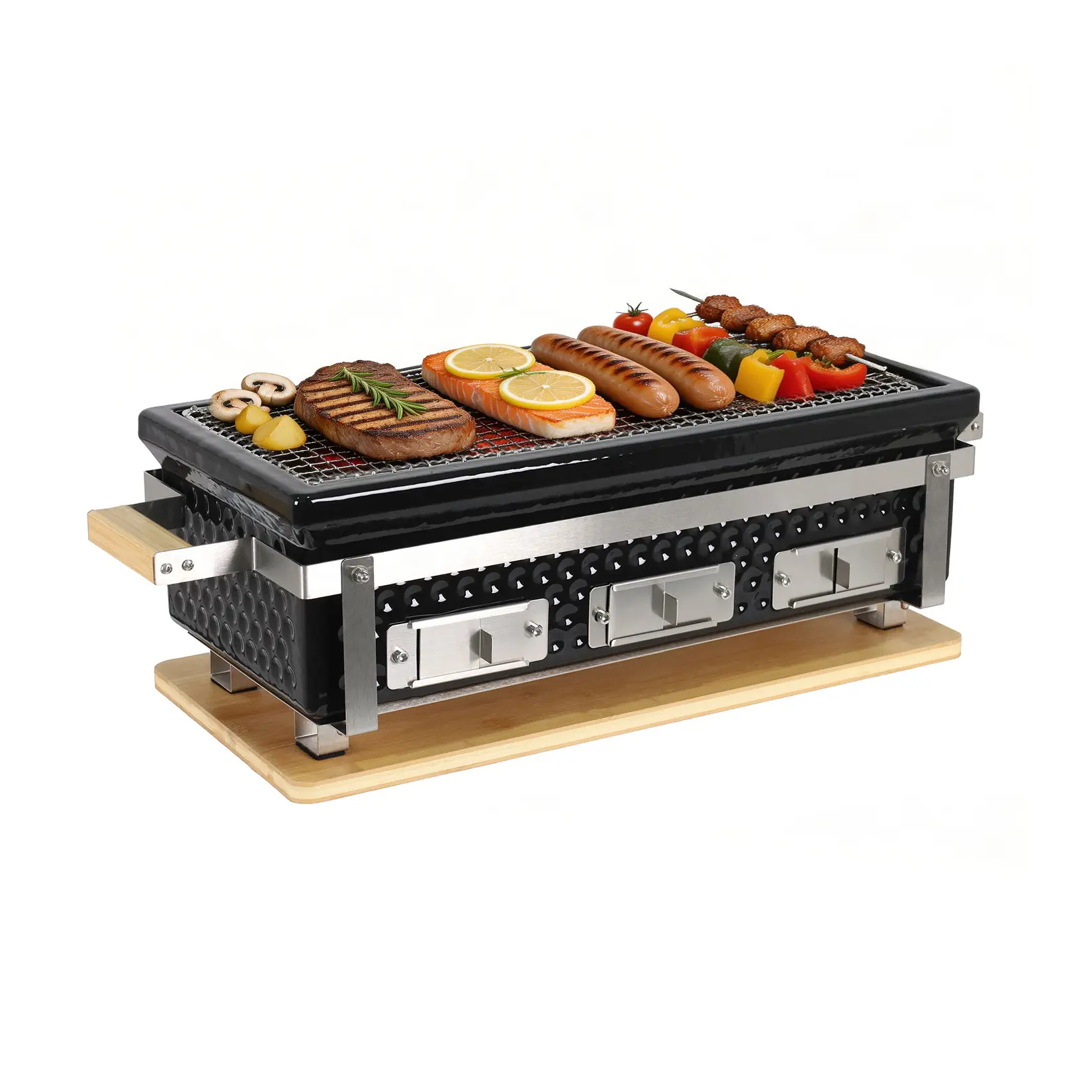 Portable Enameled Ceramic 3-Vent Rectangular Hibachi Charcoal Grill with Stainless Steel Grid Lifter & Handles, Outdoor Yakitori BBQ for Camping & Patio Tabletop