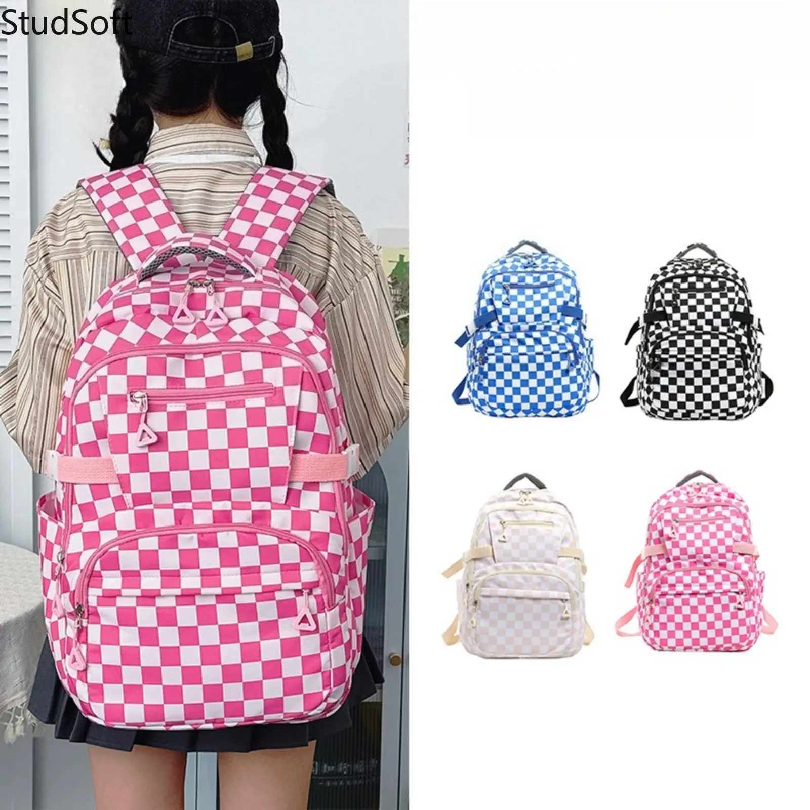 Checkerboard Plaid Cloth Backpack, Checkered Print Large-Capacity Multi Pockets Bookbag, Prop 65 Safe Teen Girl Cute Laptop Rucksack for School-Commute Travel (4 Colors), School Supplies