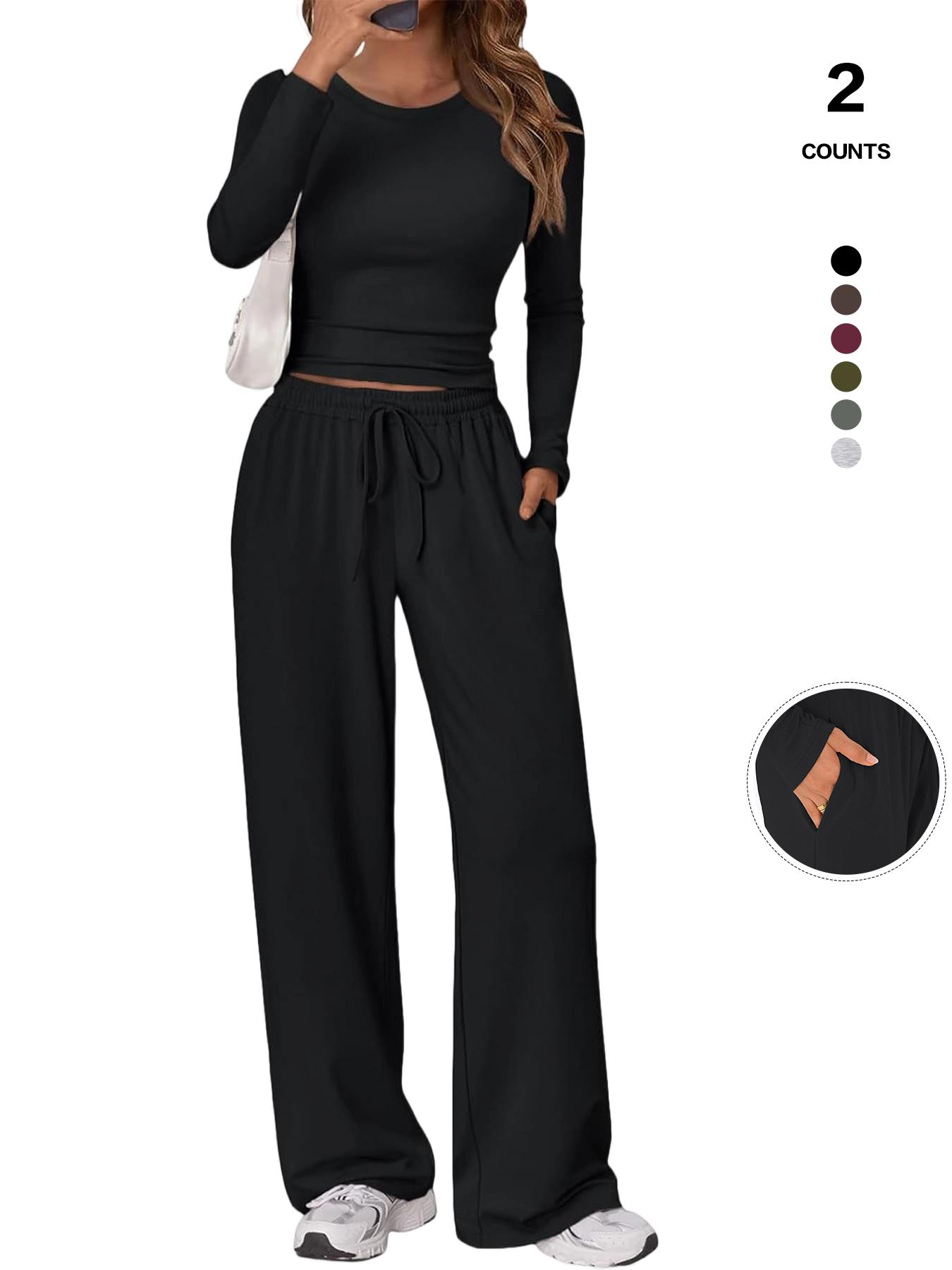 2026 Women's 2 Piece Matching Loungewear Set, Long Sleeve Slightly Crop Top & Wide Leg Drawstring Pants, Casual Sweatsuit for Comfortable Wear