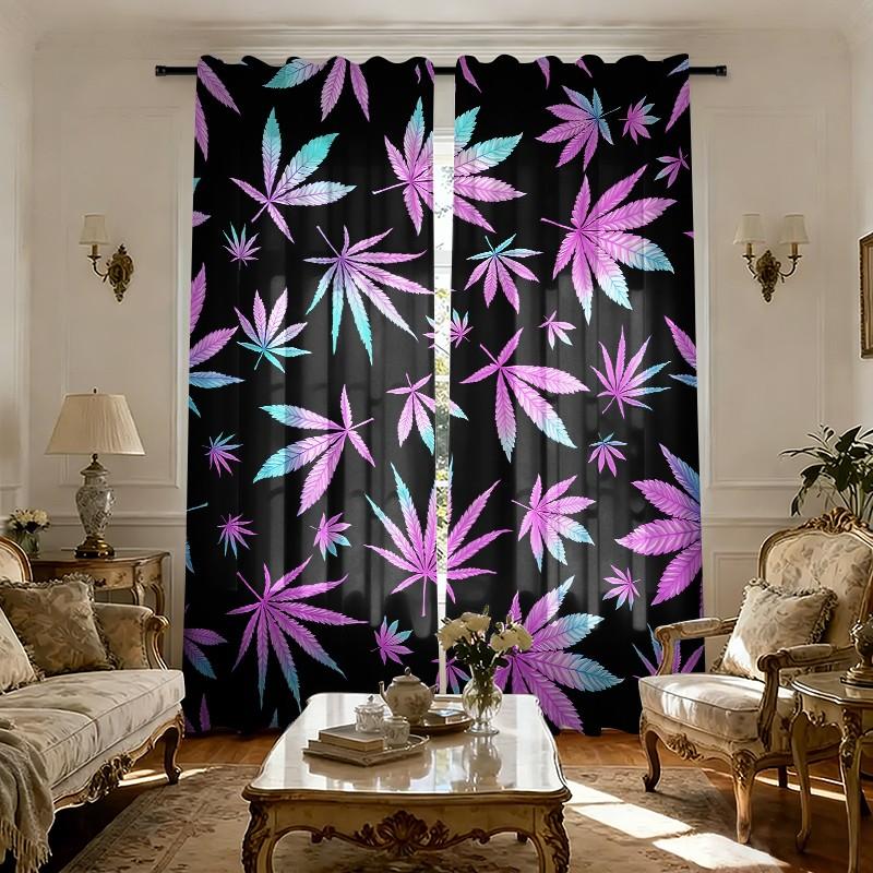 2 pieces of colorful maple leaf theme printed curtains, made of polyester with semi-transparent texture, machine washable, suitable for bedrooms, living rooms and home decoration curtains