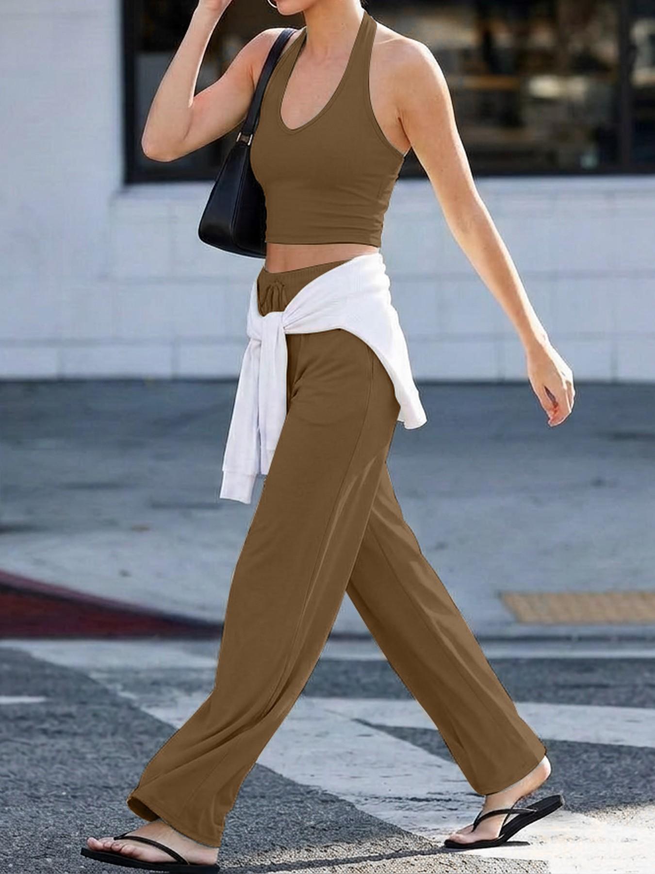Women's Quick-Dry Sports Tank Top, Casual High-Waisted Bell Bottoms, Comfortable Sporty, All-Season Plain Style, Casual Sportswear Set, Casual Sportswear Outfit