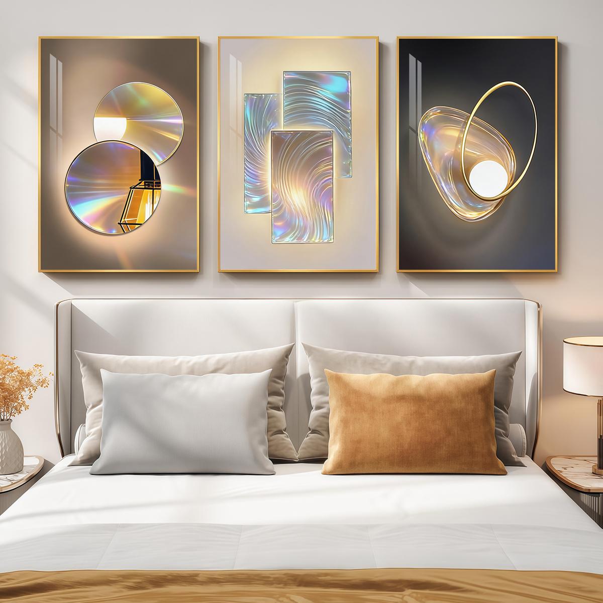 3 Counts Aluminum Alloy Framed Painting, Gradient Iridescent Abstract Light Art Pictures, Home Decoration For Living Room, Bedroom, Office, Restaurant, Hallway Wall Decor, Odorless Print Artwork, Luxury Perfect Gift For Friends And Family
