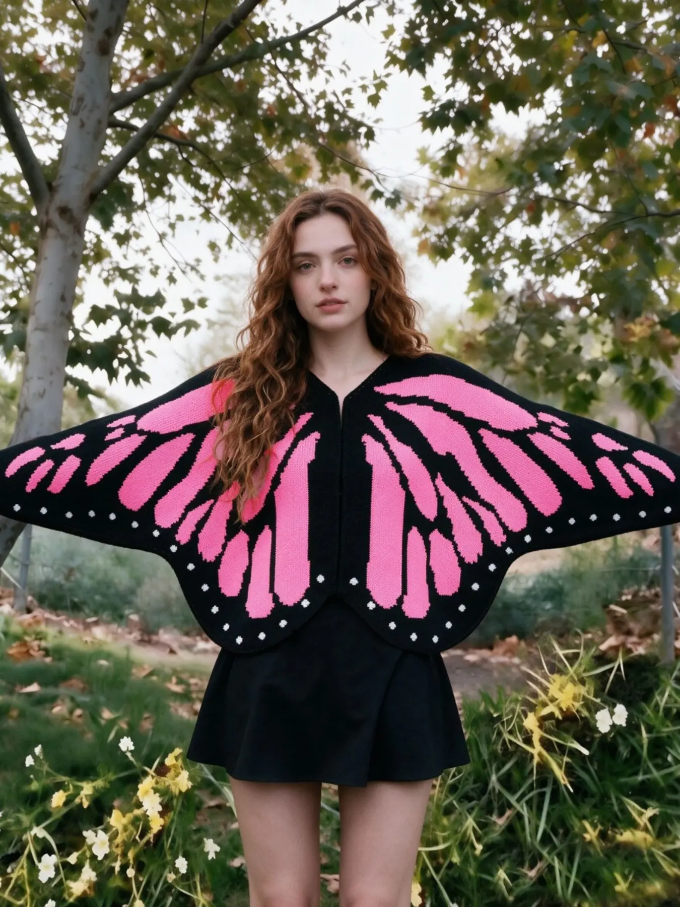 Butterfly Wings Knit Short Cardigan, Boho Style, Large Silhouette, Polka Dot Trim, Front Opening, Outdoor, Garden, Party