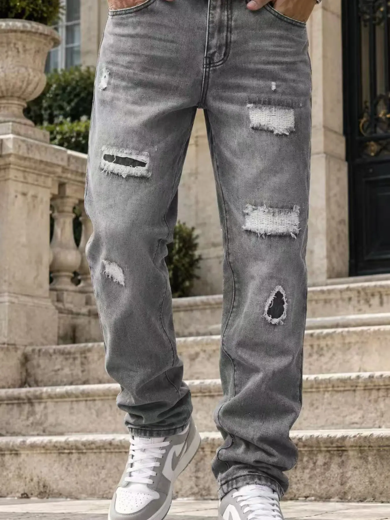 Men's Washed Ripped Jeans, Patchwork Frayed Hem, Loose Straight Leg, American Street Fashion, Trendy Denim Jeans, Casual Streetwear Distressed