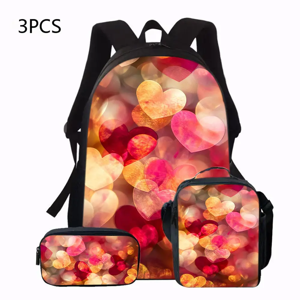 Christmas, New Year, Valentine'S Day Love And Hearts Seamless Pattern 3pcs Set Backpack, Unisex, Made of Lightweight, Featuring Adjustable Straps, Zipper Closure, Hand Washable, with a Unique Printed Design (2D Flat Printing)