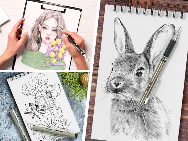 Nicpro 58 PCS Art Drawing Supplies Kit in Leather Case, Art Mechanical Pencil Set with Metal Drafting Pencil 0.5 & 0.7 & 0.9 & 2mm, 12 Micron Pen, Sketch Book, 30 Tube Lead Refills for Sketching