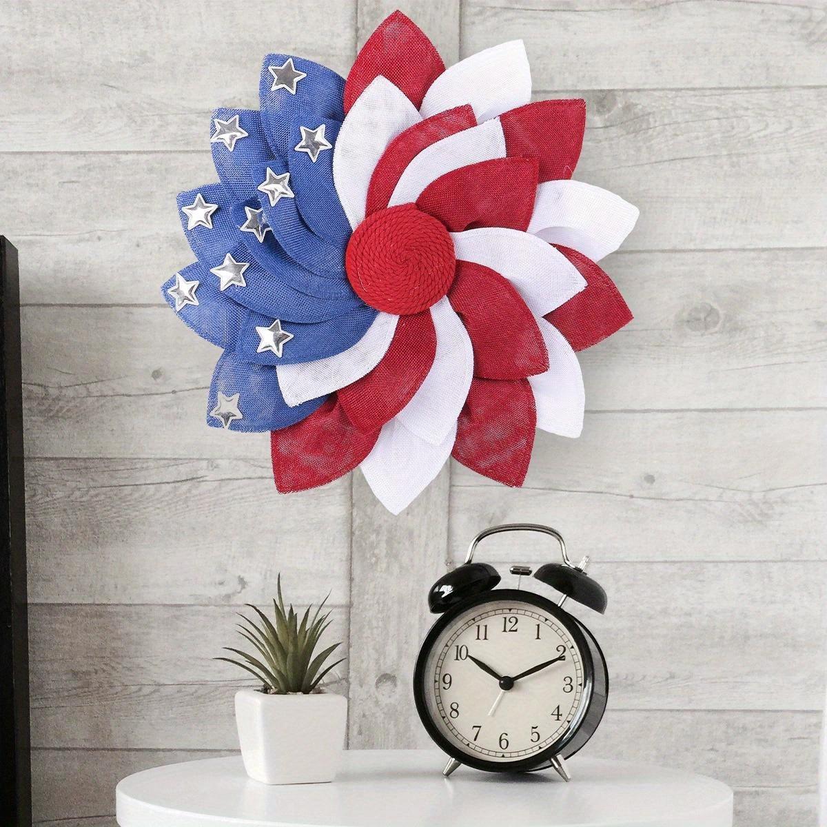 Full 3D Burlap Petal Wreath Door Hanger, Patriotic Red White Blue Independence Day Decorative Wreath for Front Door Porch Wall Window, July 4th Celebration Decor