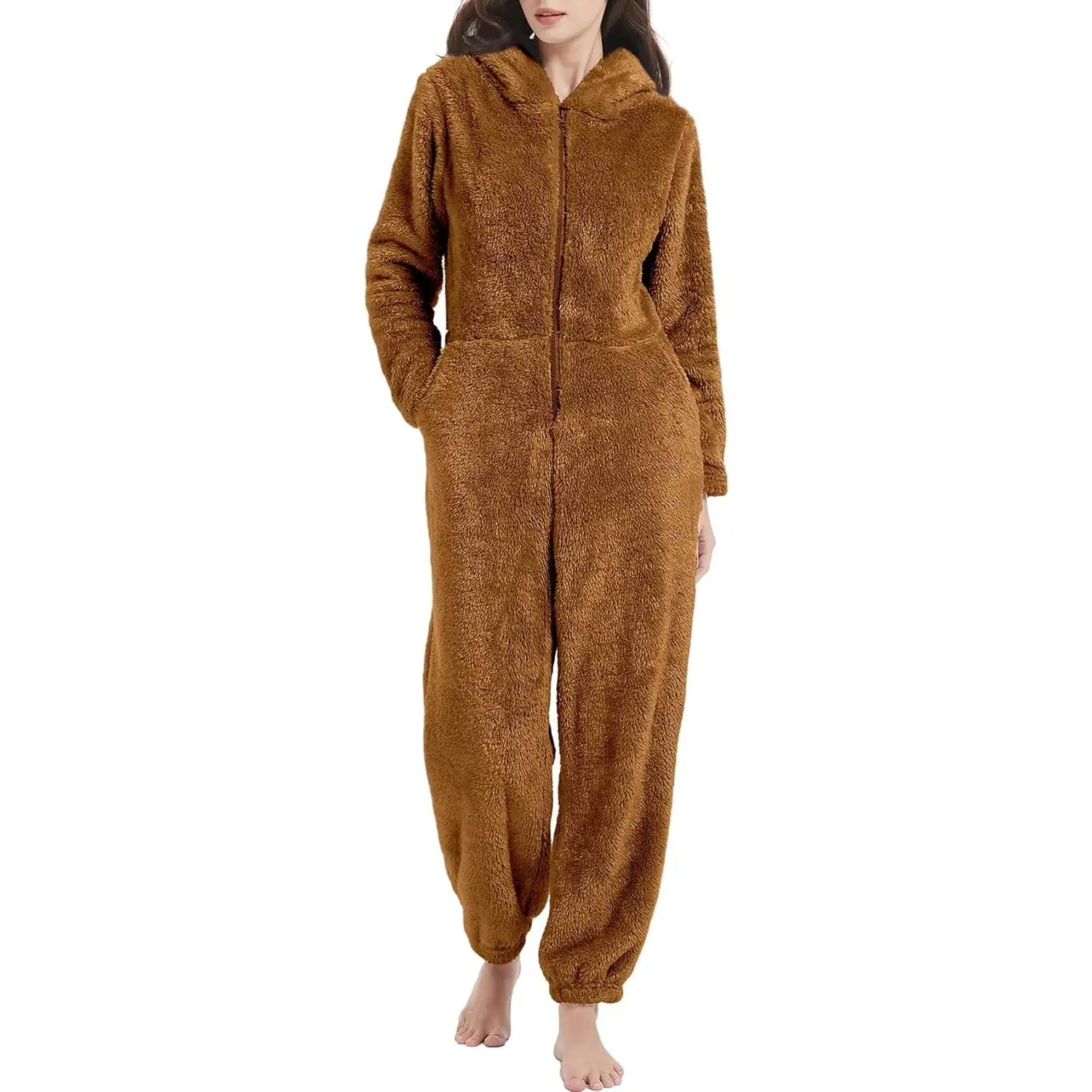 Women's Onesies Pajamas Sherpa Fleece Hooded One Piece Loungewear | Zip Up, Cute Furry Ears Hood, Long Sleeve, 2 Pockets, Soft Plush Flannel Pajama, Winter Fuzzy Sleepwear