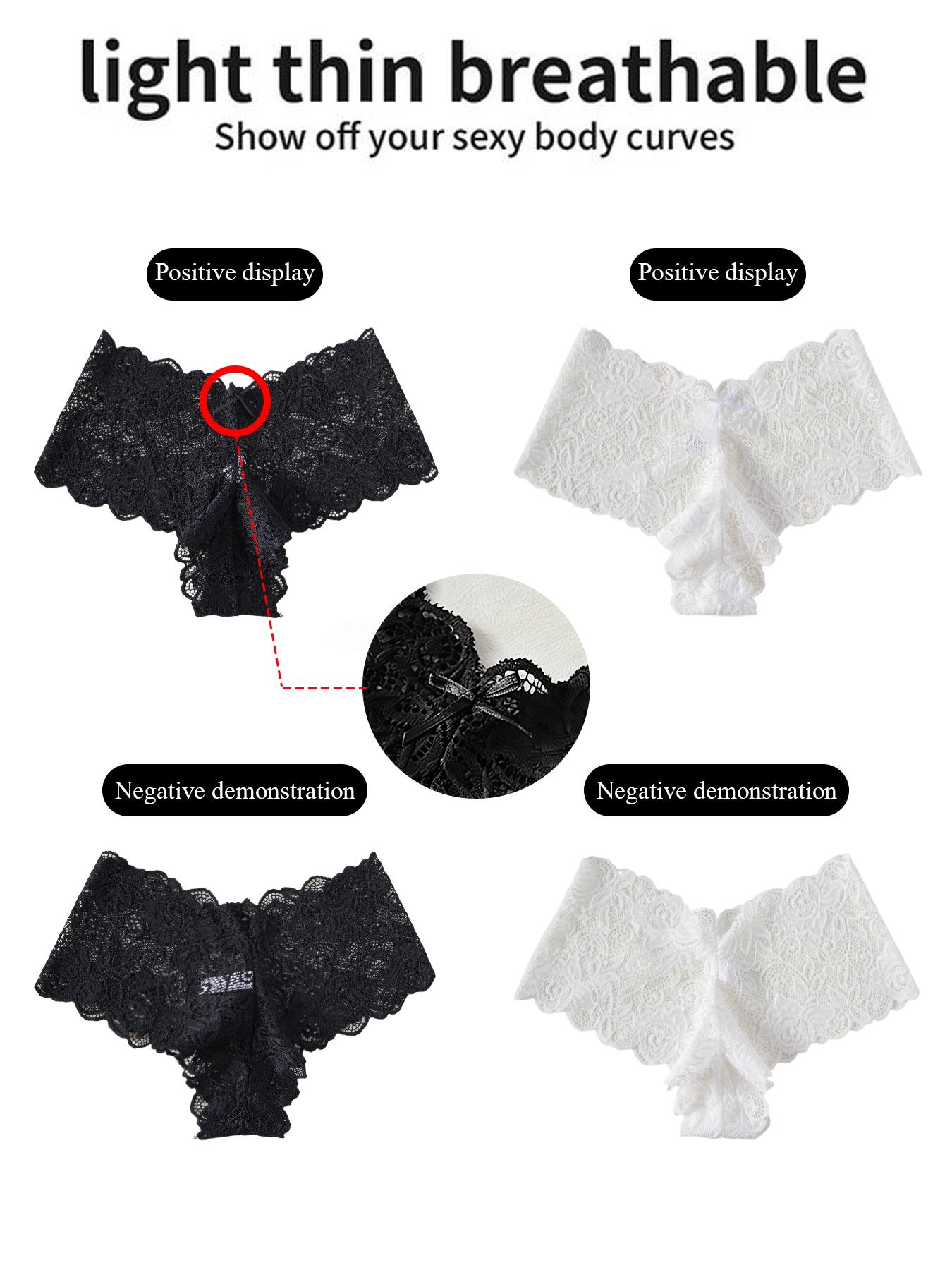 Women's Lace Underwear Mid-Waist Thong Panties, Bow Detail, Full Embroidery, Plain Color, M-Xxl, Slim-Fitting, All Seasons
