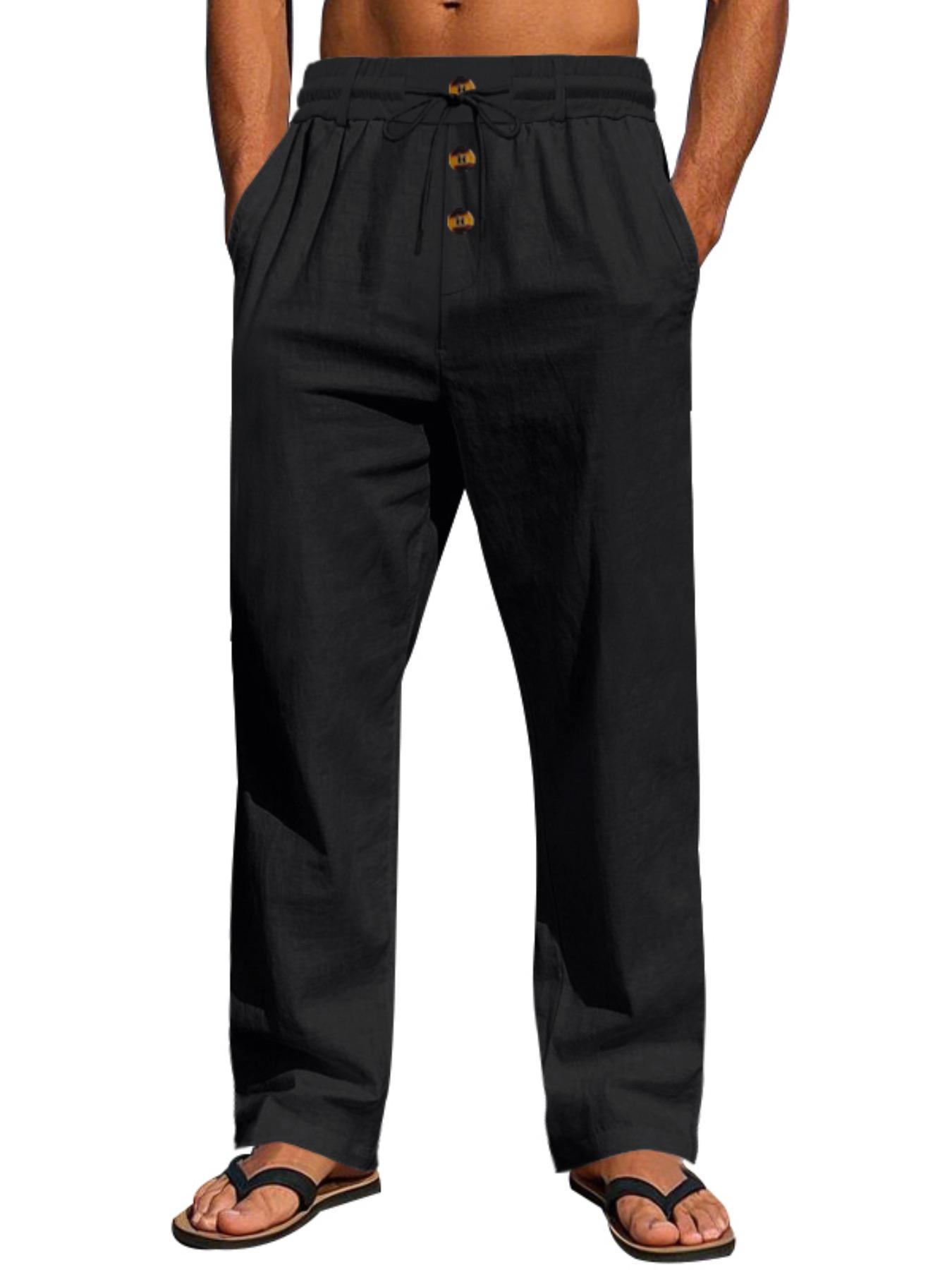 Men's lightweight casual sportswear pants, featuring drawstring and multi-button design, stylish linen woven straight-leg trousers
