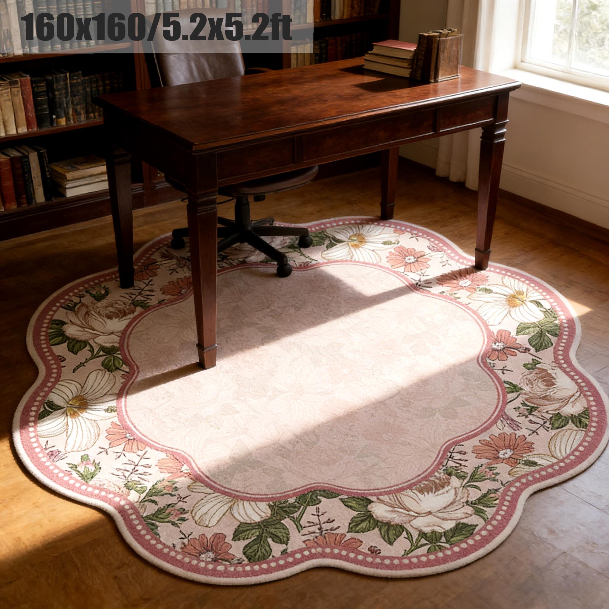 Creative Flower Petal Print Carpet, Foldable Washable Non-Slip Plush Rug, Decorative Area Rug, Romantic French Style for Living Room Bedroom, Round Floral Shaped Rug