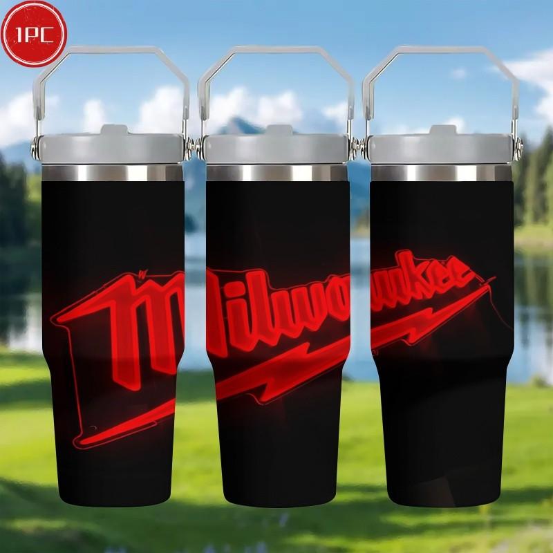 1pc 40oz Milwaukee Neon Style Thermos Cup, Reusable 2026 New Arrival with Straw & Lid, Perfect Gift for Office, Hot Drinks & All Occasions