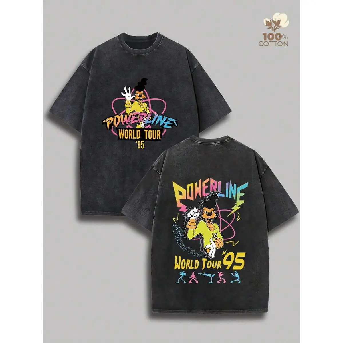 Unisex Washed Gray Crew Neck Cotton T-Shirt, Powerline World Tour '95 Rainbow Graffiti Graphic Oversized Vintage Short Sleeve Tee Y2K Street Outfit