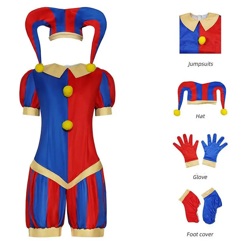 Circus Pomni Cosplay Costume Only, Includes All Pieces - Jumpsuit, Hat, Gloves, Footwear, Halloween/Carnival Outfits (Sizes 140cm to Adult 3XL)