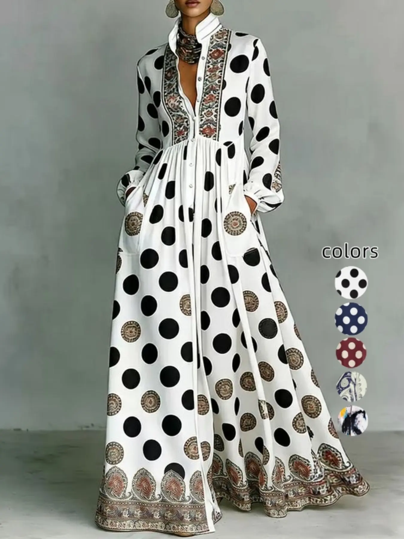 High-Waisted Long Sleeve Dress, Button Detail, Colorblock Patchwork, Pleated Design, Pocket Feature, Polka Dot Pattern, Stand Collar, Long Style