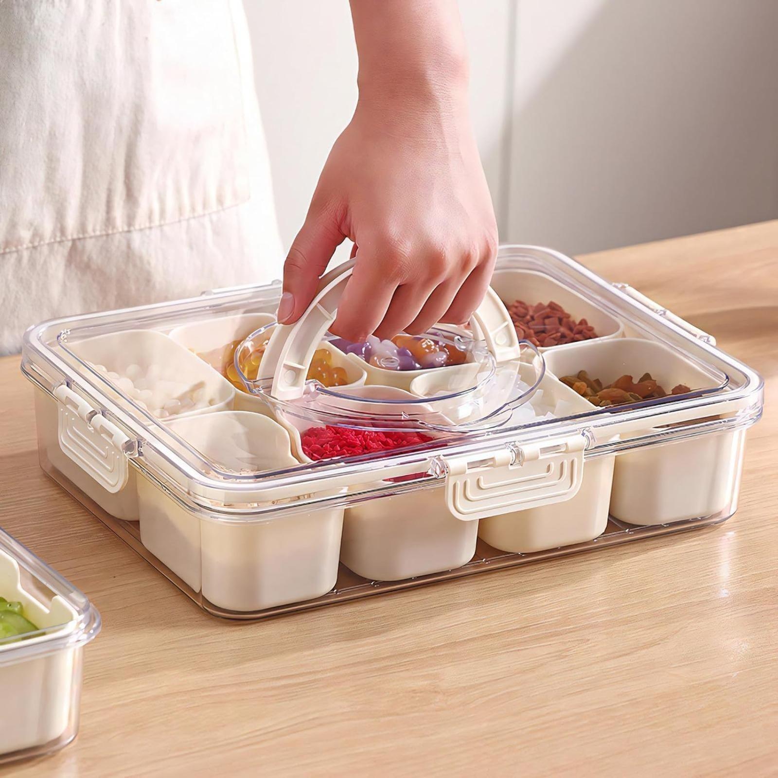 Clear 8 Compartment Airtight Snack Storage Container with Lid and Handle, Leakproof Divided Serving Tray with Detachable Grids, Dishwasher Safe Storage Box for Nuts, Candy, Portable Organizer, Lunch Container for Picnics, Travel and Home Use