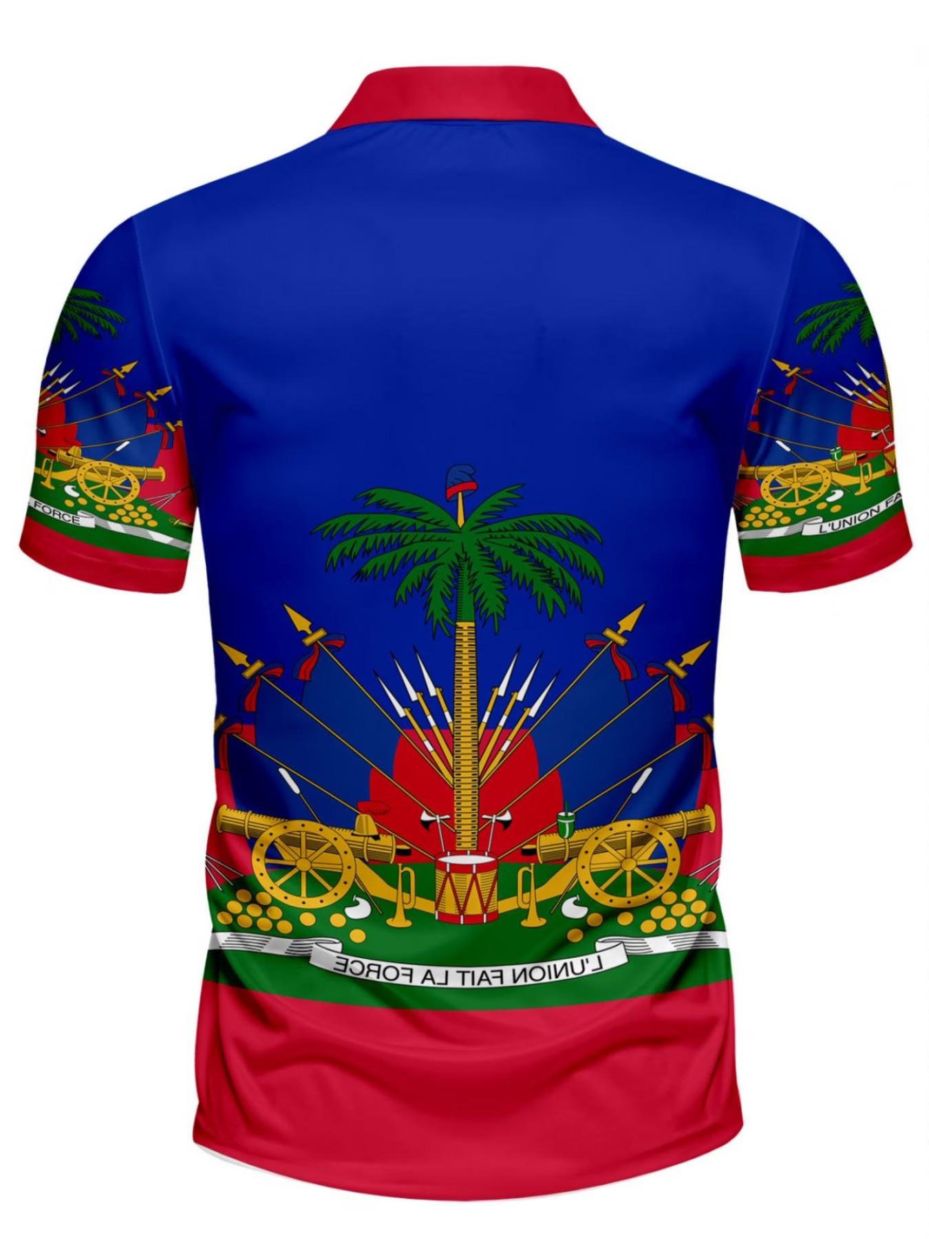 Summer Men's Tropical Colorblock Dopamine Full Print Street Fashion Polo, Collared Polo Shirt, Menswear, Haiti Flag Print Golf Shirt, Loose-Fit Casual All-Season Top, Printed Polo Shirts, Summer Polos