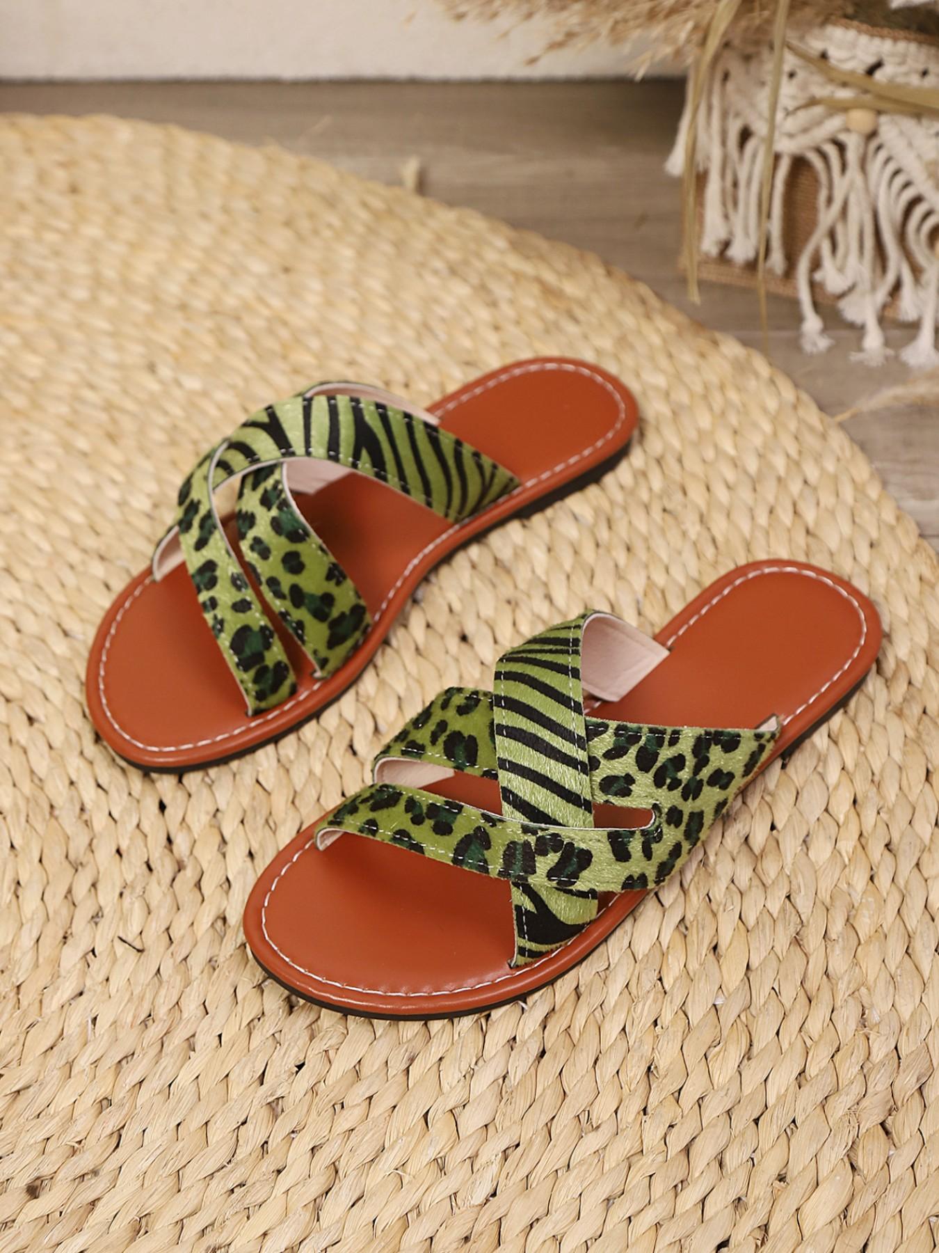 Women's Leopard Zebra Print Cross Strap Slippers, Y2K Sweet Cool Flat Sandals, Casual PU Leather Rubber Sole Footwear