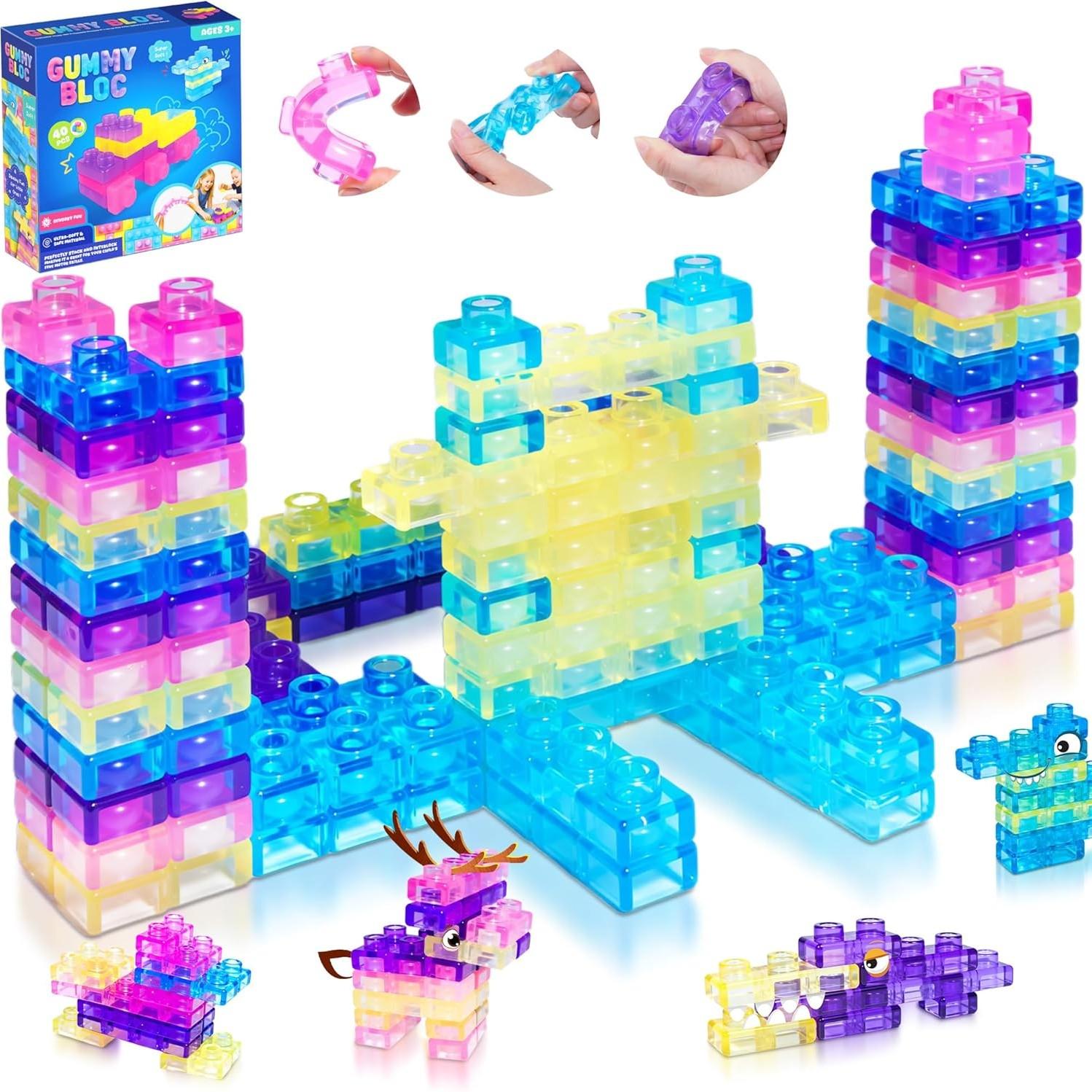 40 Pcs Sensory Soft Building Blocks for Toddlers, Montessori Squishy Stacking Toy Set, Squeezable & Stretchable Playset, Puzzle Blocks for Creative Play